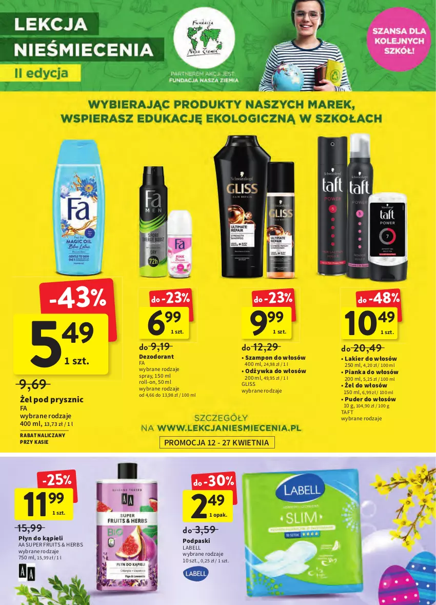 Gazetka promocyjna Intermarche - Wielkanoc - ważna 12.04 do 19.04.2022 - strona 44 - produkty: Bell, Dezodorant, Fa, Lakier, Lakier do włosów, Odżywka, Pianka do włosów, Płyn do kąpieli, Podpaski, Puder, Szampon, Taft