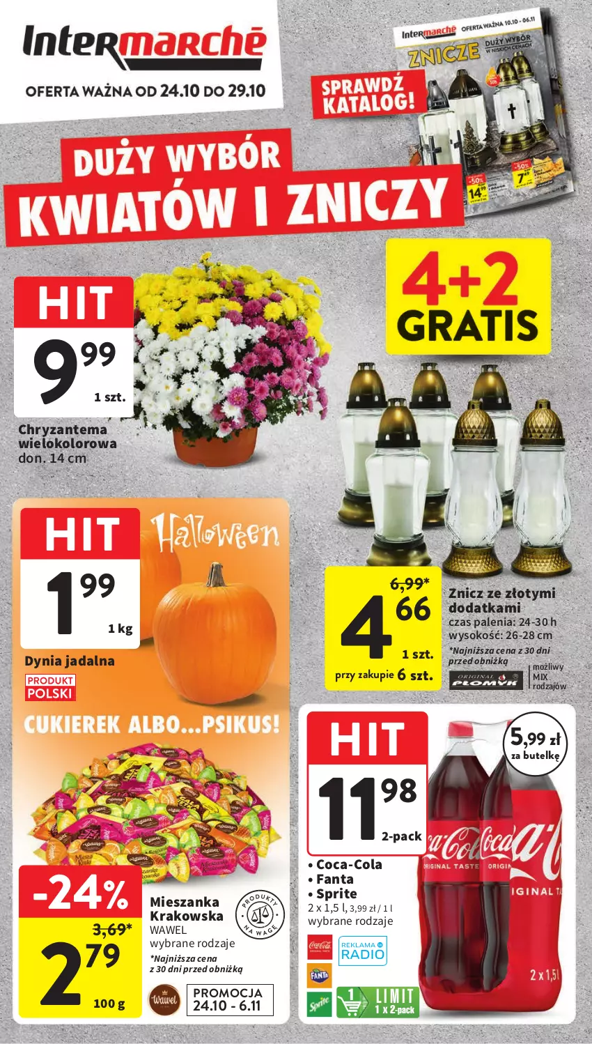 Gazetka promocyjna Intermarche - Gazetka Intermarche - ważna 24.10 do 29.10.2024 - strona 1 - produkty: Chryzantema, Coca-Cola, Fa, Fanta, Sok, Sprite, Wawel, Znicz