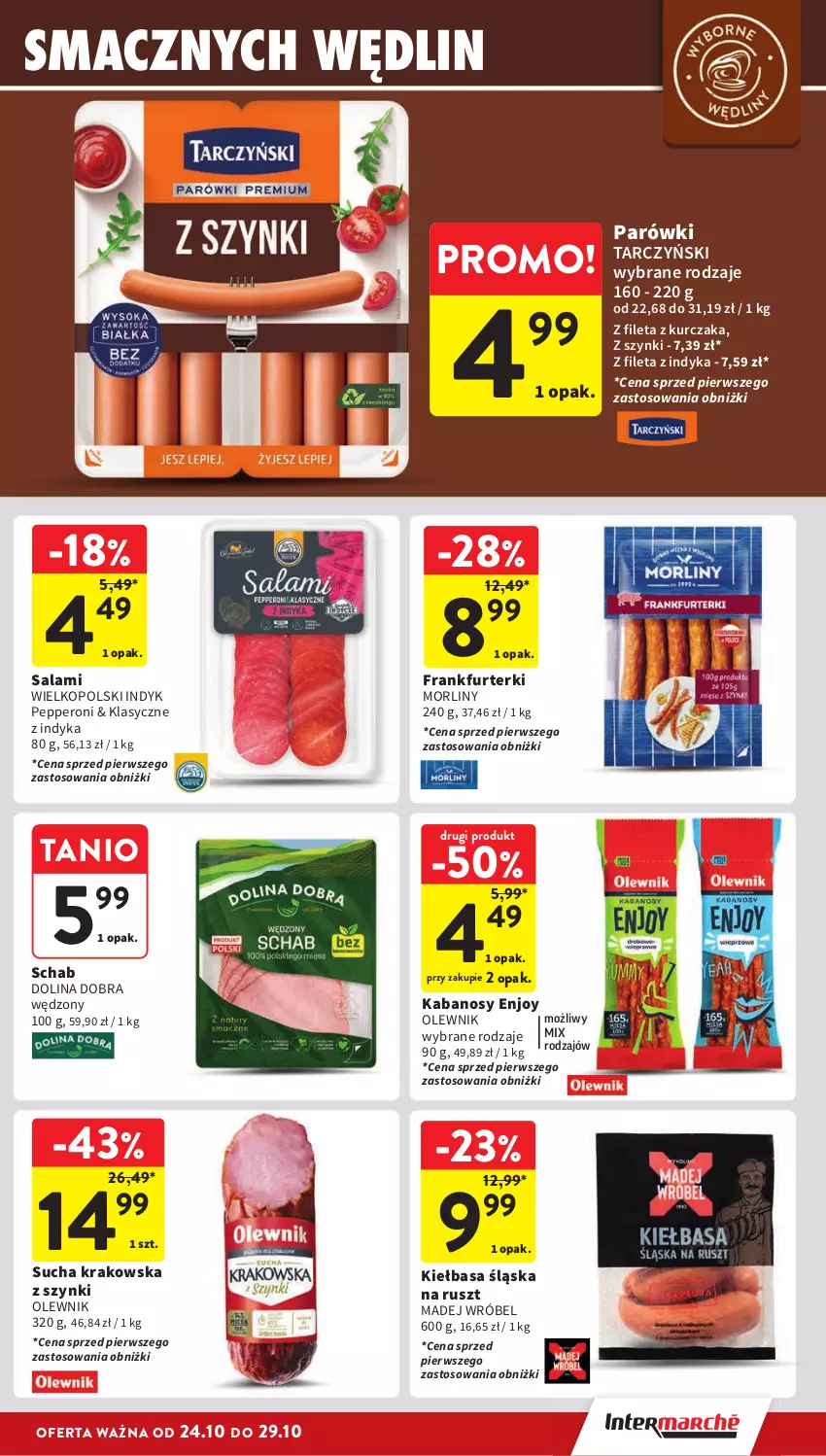 Gazetka promocyjna Intermarche - Gazetka Intermarche - ważna 24.10 do 29.10.2024 - strona 19 - produkty: Frankfurterki, Kabanos, Kiełbasa, Kiełbasa śląska, Kurczak, Madej Wróbel, Morliny, Olewnik, Parówki, Salami, Tarczyński