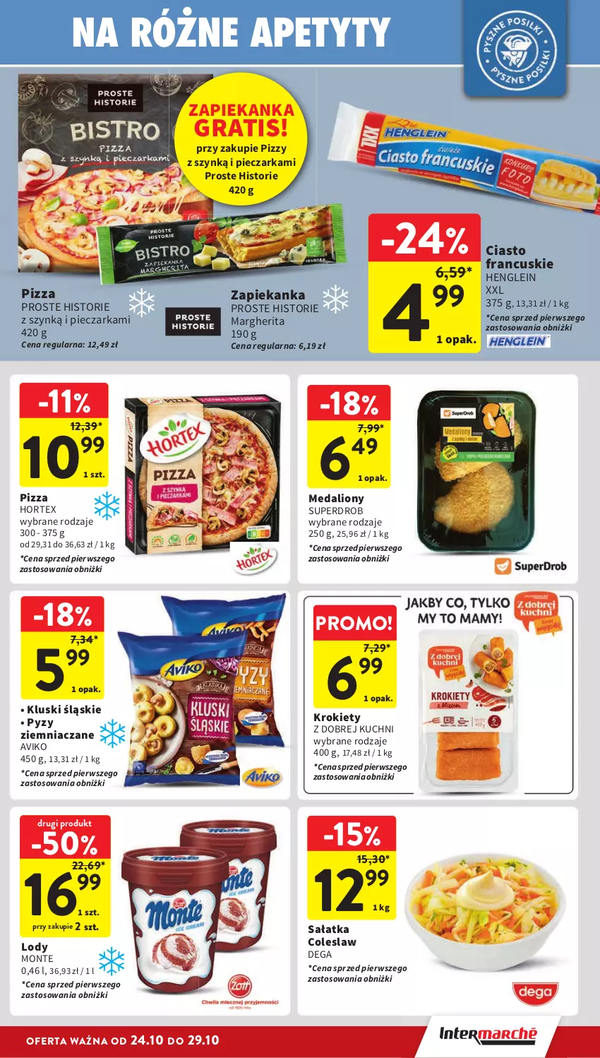 Gazetka promocyjna Intermarche - Gazetka Intermarche - ważna 24.10 do 29.10.2024 - strona 23 - produkty: Ciasto francuskie, Dega, Gra, Hortex, Krokiety, Lion, Lody, Monte, Piec, Pieczarka, Pizza, Sałat, Sałatka, Zapiekanka