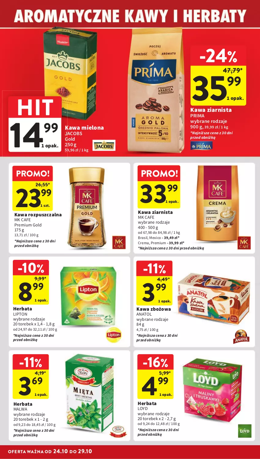 Gazetka promocyjna Intermarche - Gazetka Intermarche - ważna 24.10 do 29.10.2024 - strona 26 - produkty: Herbata, Jacobs, Kawa, Kawa mielona, Kawa rozpuszczalna, Kawa zbożowa, Kawa ziarnista, Lipton, Loyd, Prima