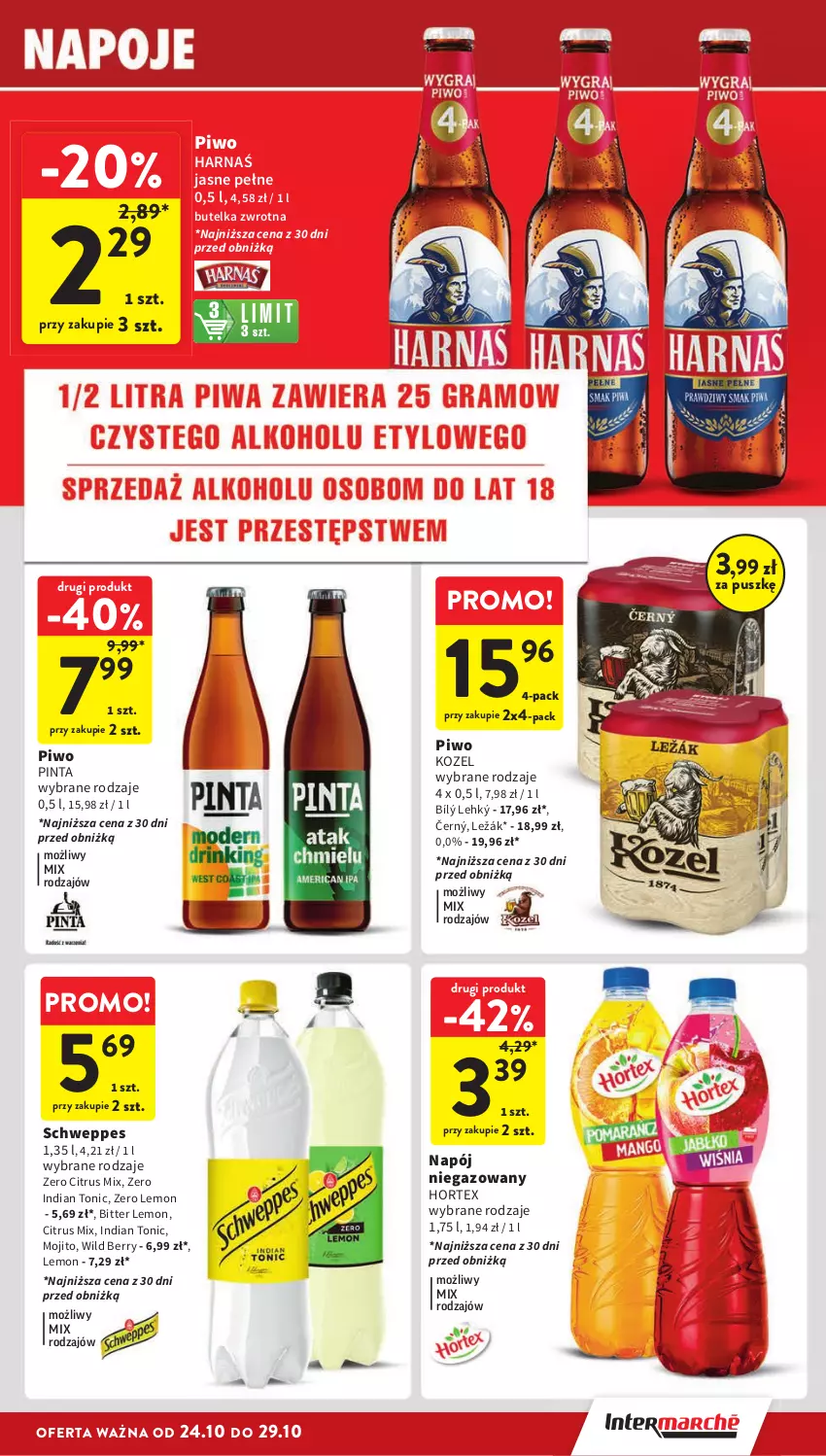 Gazetka promocyjna Intermarche - Gazetka Intermarche - ważna 24.10 do 29.10.2024 - strona 31 - produkty: Harnaś, Hortex, Kozel, Napój, Napój niegazowany, Piwo, Schweppes