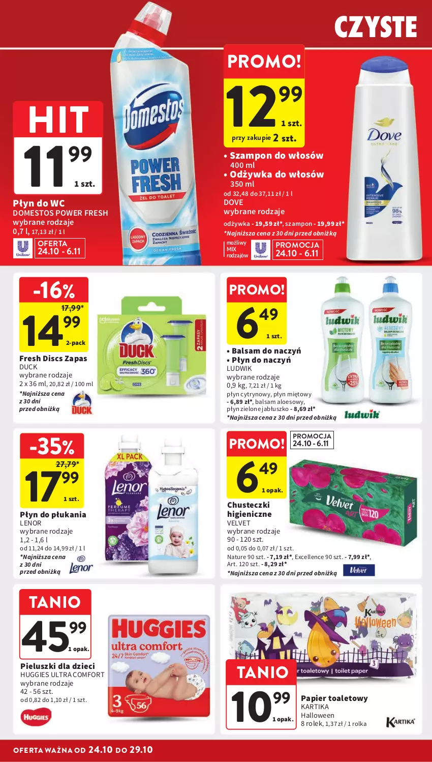 Gazetka promocyjna Intermarche - Gazetka Intermarche - ważna 24.10 do 29.10.2024 - strona 34 - produkty: Chusteczki, Domestos, Dove, Duck, Dzieci, Huggies, Lenor, Ludwik, Odżywka, Papier, Papier toaletowy, Płyn do płukania, Płyn do wc, Szampon, Velvet