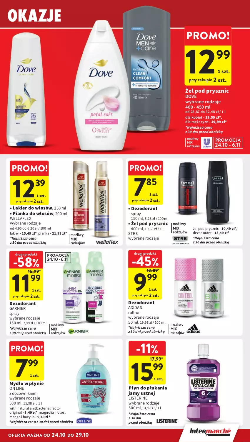 Gazetka promocyjna Intermarche - Gazetka Intermarche - ważna 24.10 do 29.10.2024 - strona 35 - produkty: Adidas, Bazyl, Bazylia, Dezodorant, Dove, Dozownik, Fa, Garnier, Gin, Lakier, Lakier do włosów, Listerine, Mango, Mydło, Mydło w płynie, Pianka do włosów, Płyn do płukania, Płyn do płukania jamy ustnej, Str8, Wella, Wellaflex