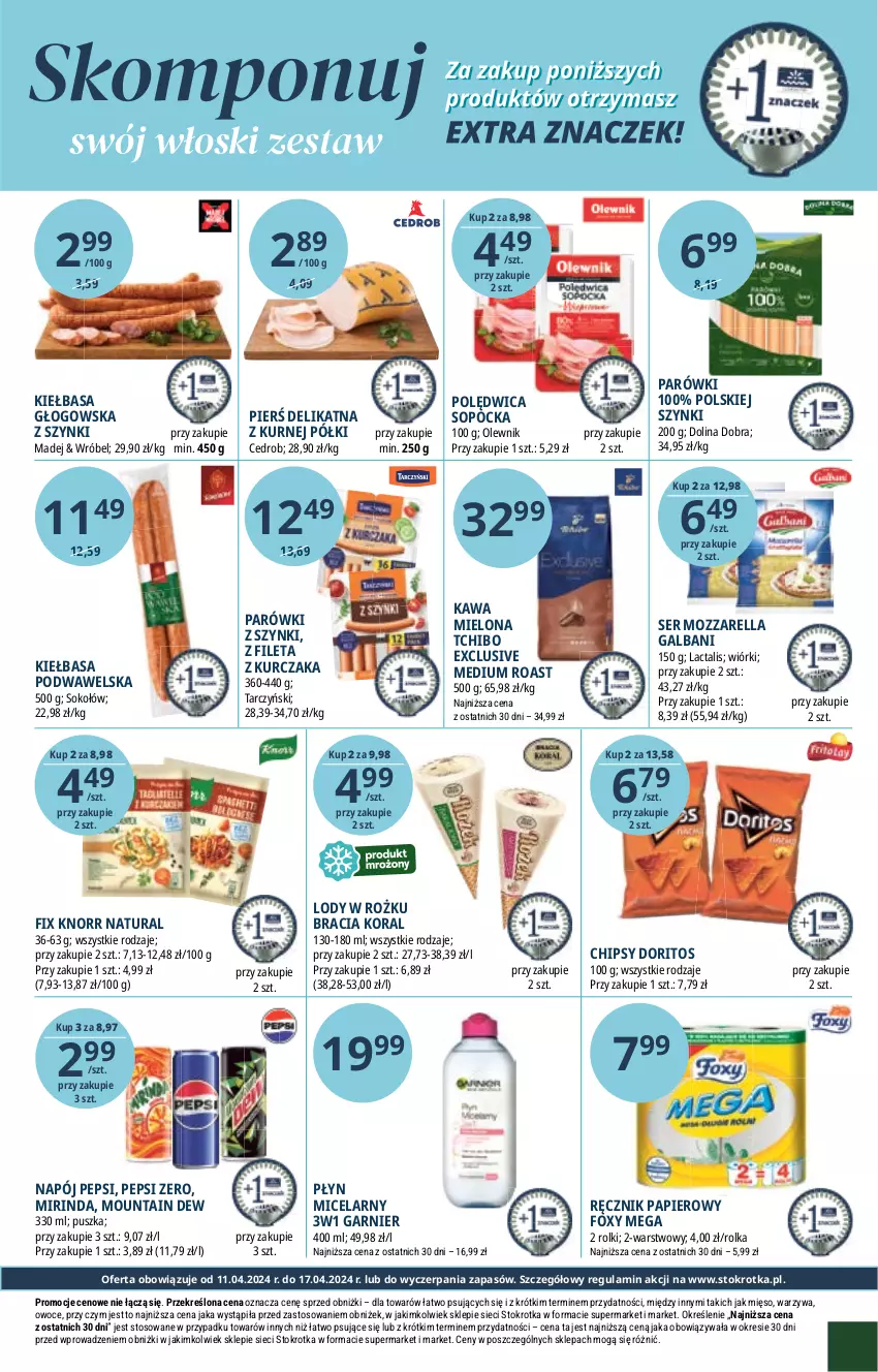 Gazetka promocyjna Stokrotka - Supermarket - ważna 11.04 do 17.04.2024 - strona 13 - produkty: Chipsy, Foxy, Galbani, Garnier, Kawa, Kawa mielona, Kiełbasa, Kiełbasa głogowska, Kiełbasa podwawelska, Knorr, Kurczak, Lody, Mięso, Mirinda, Mozzarella, Napój, Olewnik, Owoce, Papier, Parówki, Parówki z szynki, Pepsi, Płyn micelarny, Polędwica, Ręcznik, Rolki, Ser, Sok, Sokołów, Tarczyński, Tchibo, Warzywa, Wawel