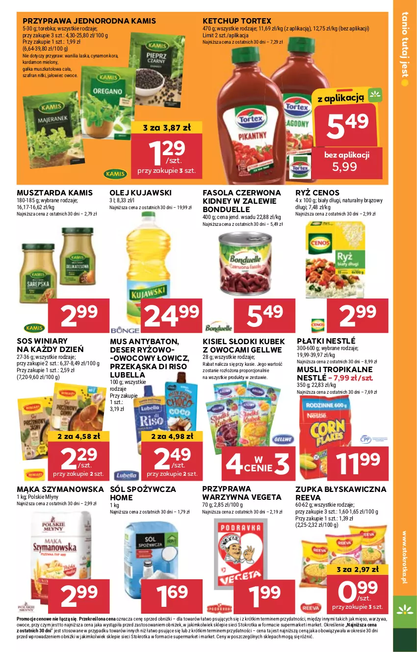 Gazetka promocyjna Stokrotka - Supermarket - ważna 11.04 do 17.04.2024 - strona 15 - produkty: Baton, Bell, Bella, Bonduelle, Cenos, Deser, Fa, Fasola, Gałka, Kamis, Ketchup, Kisiel, Kubek, Kujawski, Lubella, Mąka, Mięso, Mus, Musztarda, Nestlé, Olej, Owoce, Polskie Młyny, Por, Ryż, Ser, Sól, Sos, Szafran, Torebka, Vegeta, Warzywa, Winiary