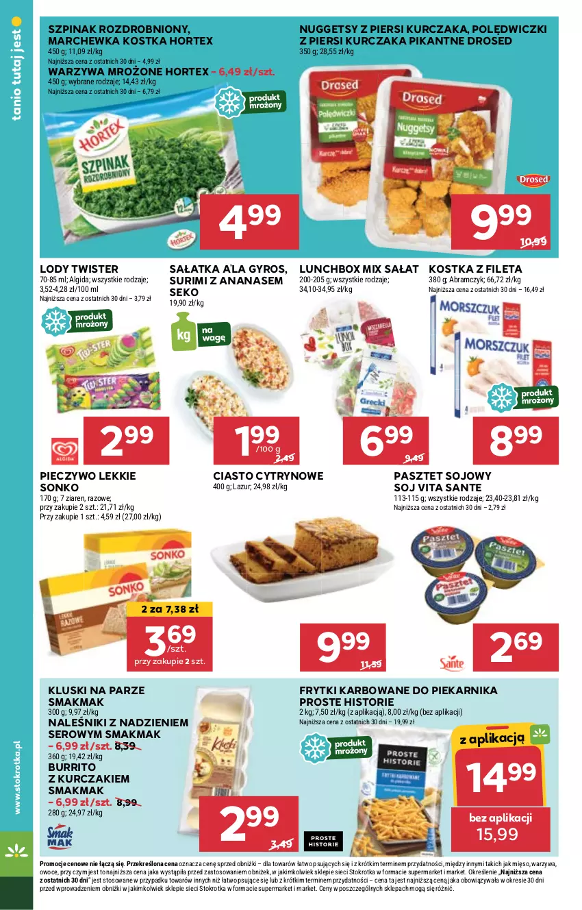 Gazetka promocyjna Stokrotka - Supermarket - ważna 11.04 do 17.04.2024 - strona 18 - produkty: Algida, Ananas, Frytki, Gyros, Hortex, Kluski na parze, Kurczak, Lazur, LG, Lody, Marchewka, Mięso, Naleśniki, Owoce, Pasztet, Piec, Pieczywo, Piekarnik, Sałat, Sałatka, Sante, SEKO, Ser, Sonko, Surimi, Szpinak, Warzywa