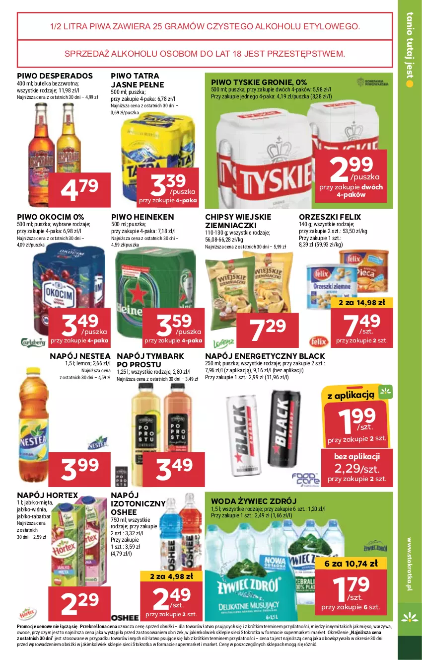 Gazetka promocyjna Stokrotka - Supermarket - ważna 11.04 do 17.04.2024 - strona 19 - produkty: Chipsy, Desperados, Felix, Gra, Heineken, Hortex, Koc, Lack, Mięso, Mięta, Napój, Napój energetyczny, Napój izotoniczny, Nestea, Okocim, Orzeszki, Oshee, Owoce, Piwa, Piwo, Tatra, Tymbark, Tyskie, Warzywa, Woda