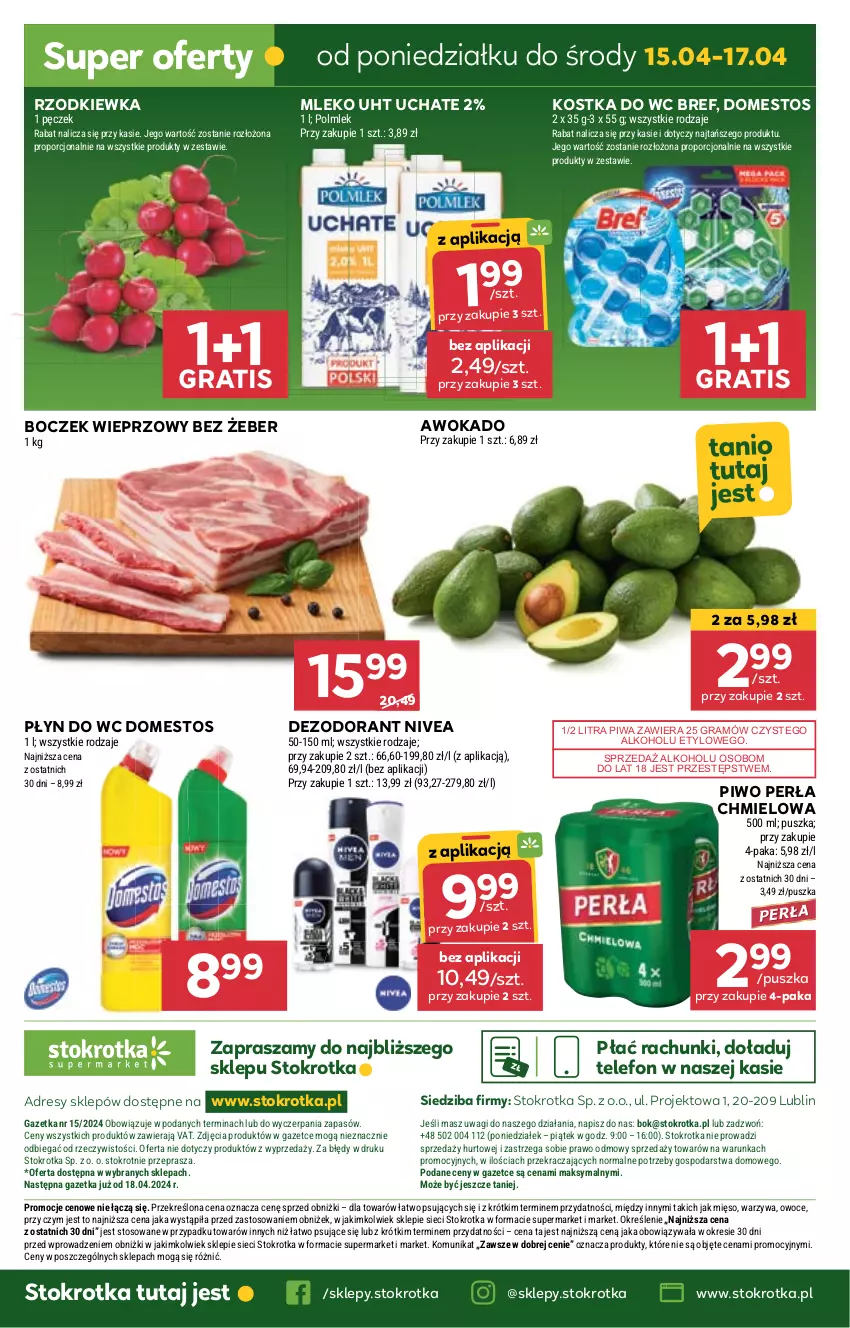 Gazetka promocyjna Stokrotka - Supermarket - ważna 11.04 do 17.04.2024 - strona 23 - produkty: Boczek, Boczek wieprzowy, Bref, Dezodorant, Domestos, Dres, Gra, JBL, Kostka do wc, Mięso, Mleko, Nivea, O nas, Owoce, Perła, Piwa, Piwo, Płyn do wc, POLMLEK, Por, Rzodkiewka, Telefon, Wagi, Warzywa