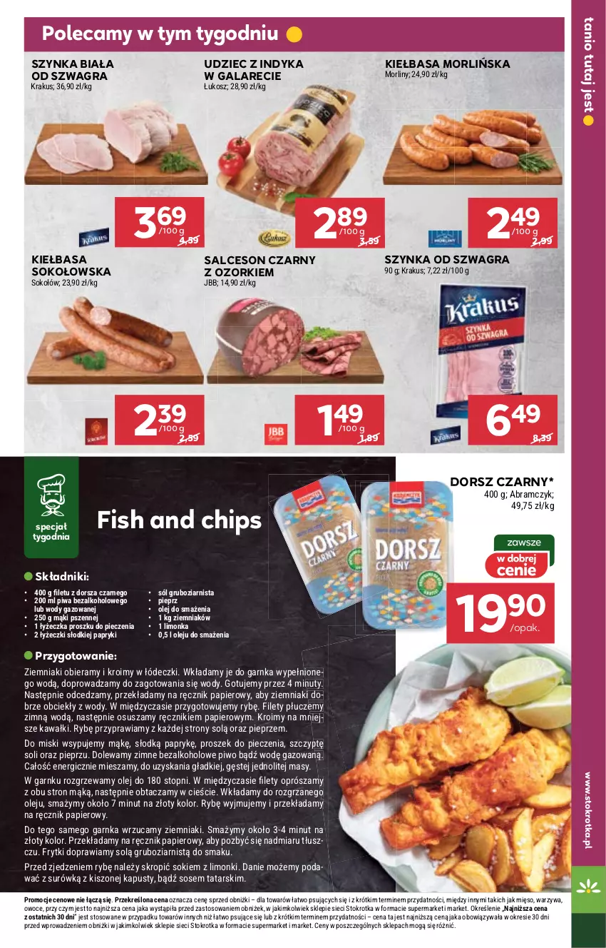 Gazetka promocyjna Stokrotka - Supermarket - ważna 11.04 do 17.04.2024 - strona 9 - produkty: Dorsz, Frytki, Gala, Gra, Kawa, Kiełbasa, Kosz, Krakus, Limonka, Mięso, Morliny, Nuty, Olej, Owoce, Papier, Piec, Pieprz, Piwa, Piwo, Proszek do pieczenia, Ręcznik, Salceson, Sok, Sokołów, Sól, Sos, Szynka, Szynka biała, Top, Udziec z indyka, Udziec z indyka w galarecie, Warzywa, Ziemniaki