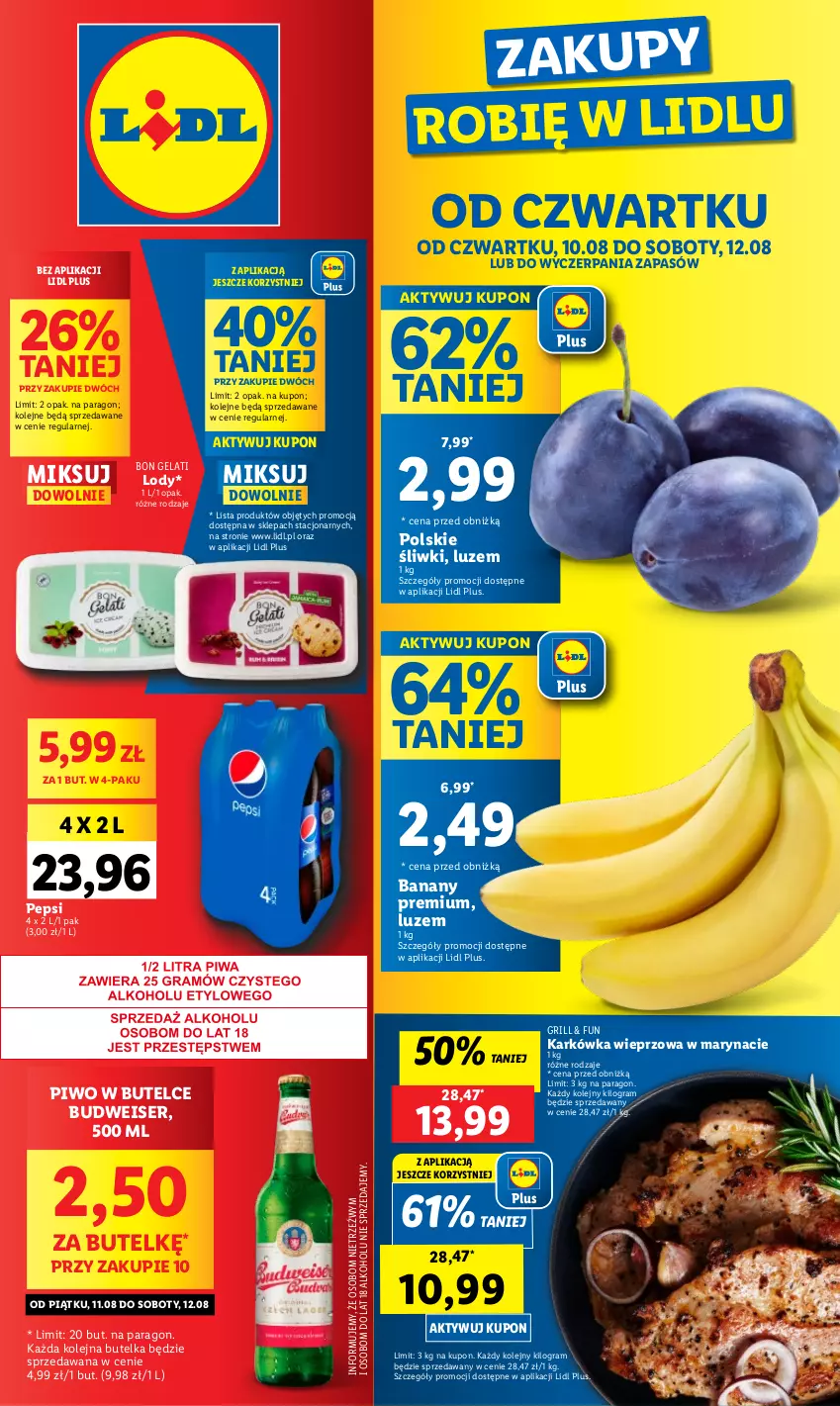 Gazetka promocyjna Lidl - GAZETKA - ważna 10.08 do 12.08.2023 - strona 1 - produkty: Banany, Gra, Grill, Karkówka wieprzowa, Lody, Olej, Pepsi, Piwo, Ser