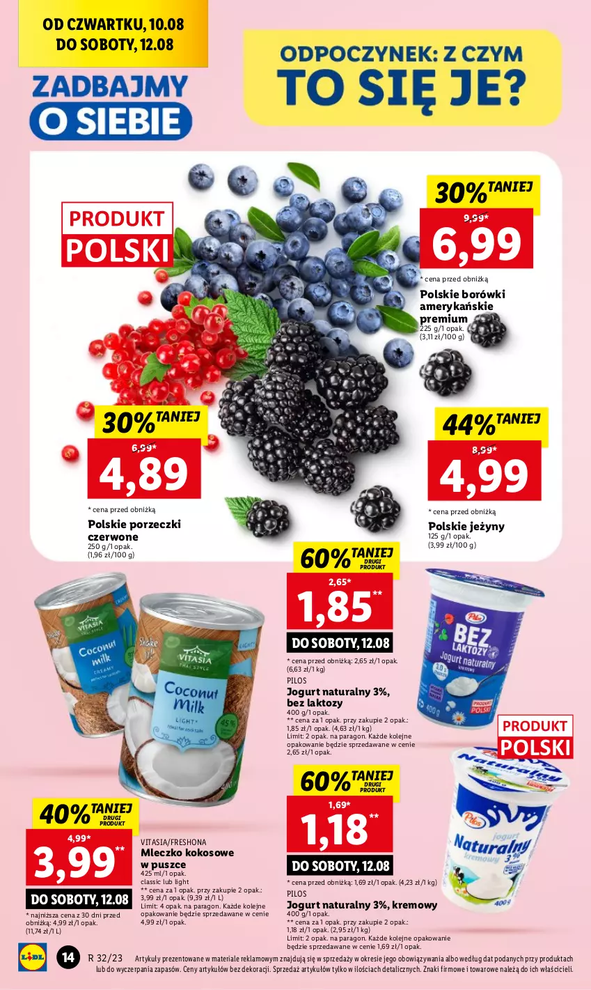 Gazetka promocyjna Lidl - GAZETKA - ważna 10.08 do 12.08.2023 - strona 34 - produkty: Jeżyny, Jogurt, Jogurt naturalny, Kokos, Mleczko, Olej, Pilos, Por, Porzeczki czerwone