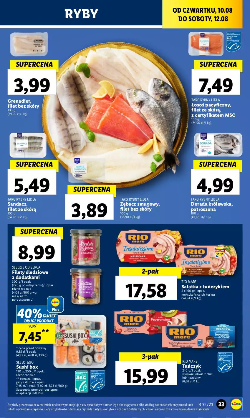 Gazetka promocyjna Lidl - GAZETKA - ważna 10.08 do 12.08.2023 - strona 53 - produkty: Grenadier, Kuskus, Rio Mare, Sałat, Sałatka, Sandacz, Ser, Sushi, Tuńczyk