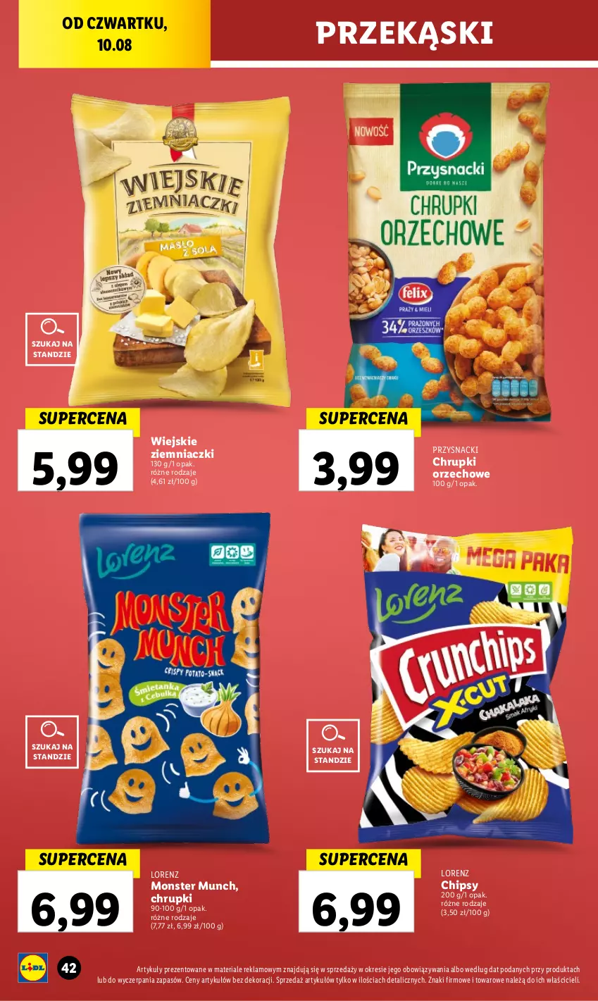 Gazetka promocyjna Lidl - GAZETKA - ważna 10.08 do 12.08.2023 - strona 62 - produkty: Chipsy, Chrupki, Lorenz, Monster Munch, Przysnacki