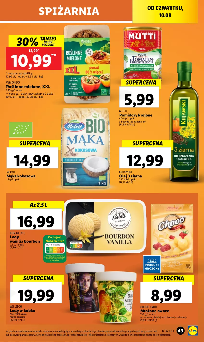 Gazetka promocyjna Lidl - GAZETKA - ważna 10.08 do 12.08.2023 - strona 69 - produkty: Bazyl, Bourbon, Kokos, Kujawski, Lody, Mąka, Melvit, Olej, Owoce, Pomidory, Pomidory krojone, Wazon