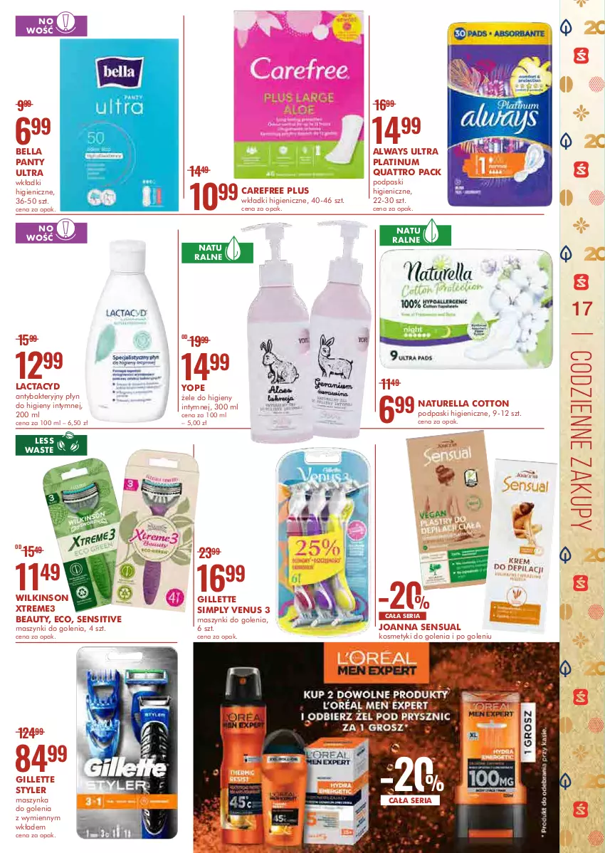 Gazetka promocyjna Super Pharm - Gazetka - ważna 11.05 do 19.05.2021 - strona 17 - produkty: Always, Always Ultra, Bell, Bella, Carefree, Gillette, Joanna, Lactacyd, Maszynka, Maszynka do golenia, Naturell, Naturella, Płyn do higieny intymnej, Podpaski, Sensual, Ser, Szynka, Venus, Wkładki, Yope