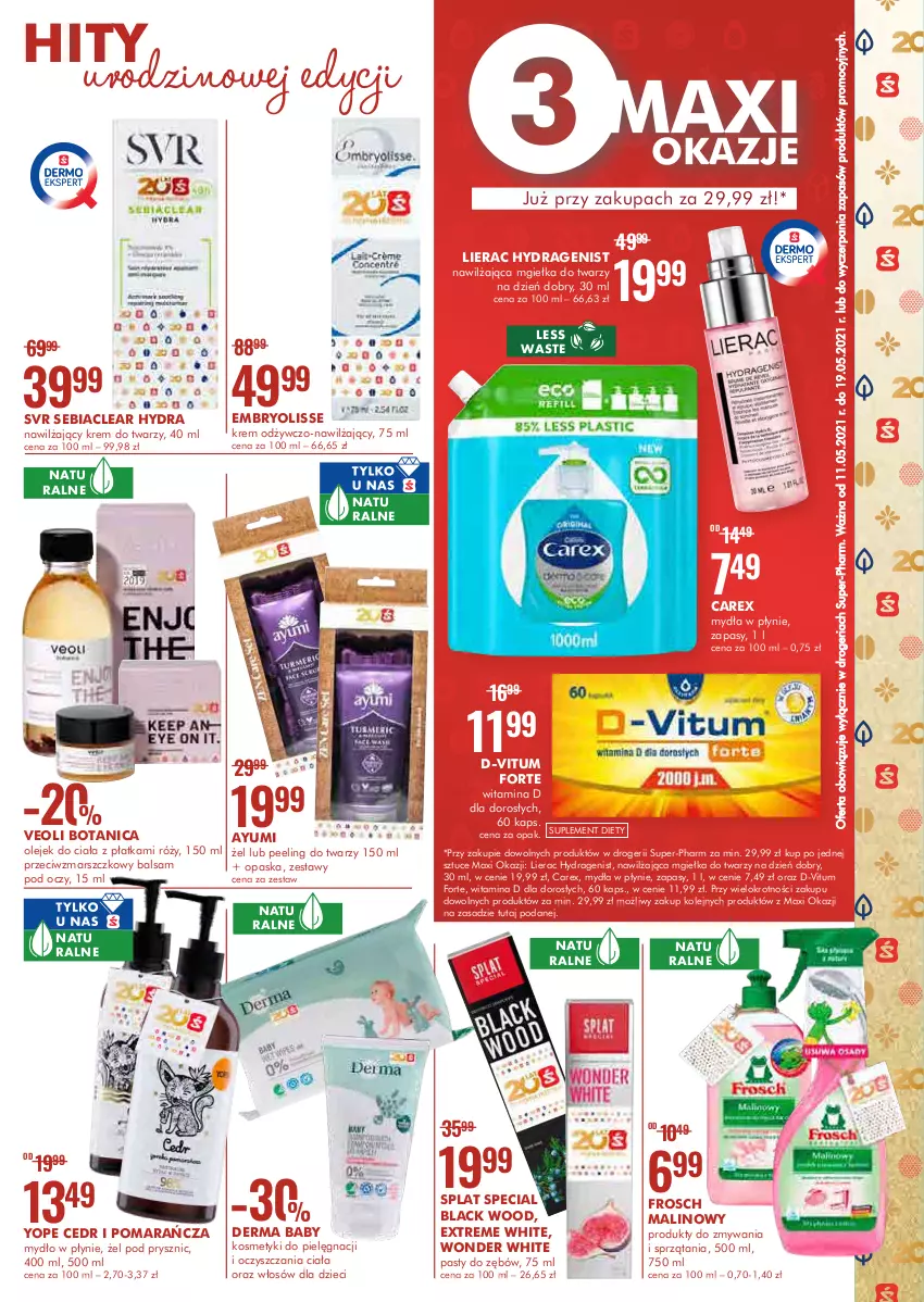 Gazetka promocyjna Super Pharm - Gazetka - ważna 11.05 do 19.05.2021 - strona 3 - produkty: Ayumi, D-Vitum, Dzieci, Embryolisse, Frosch, Kosmetyki do pielęgnacji, Krem do twarzy, Lack, Lierac, Mars, Mgiełka do twarzy, Mydło, Mydło w płynie, Olej, Olejek do ciała, Opaska, Peeling, Suplement diety, SVR, Veoli Botanica, Yope