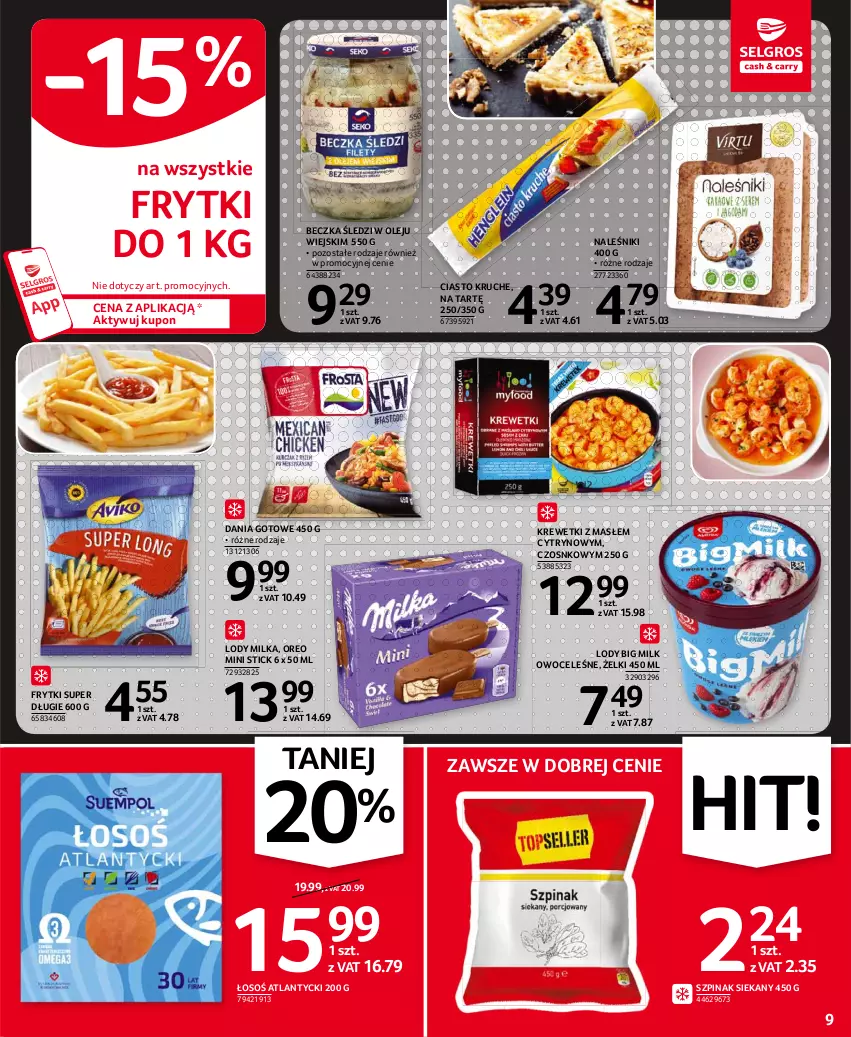 Gazetka promocyjna Selgros - Oferta spożywcza - ważna 08.07 do 21.07.2021 - strona 9 - produkty: Big Milk, Dania gotowe, Frytki, Krewetki, Lody, Milka, Naleśniki, Olej, Oreo, Owoce, Szpinak