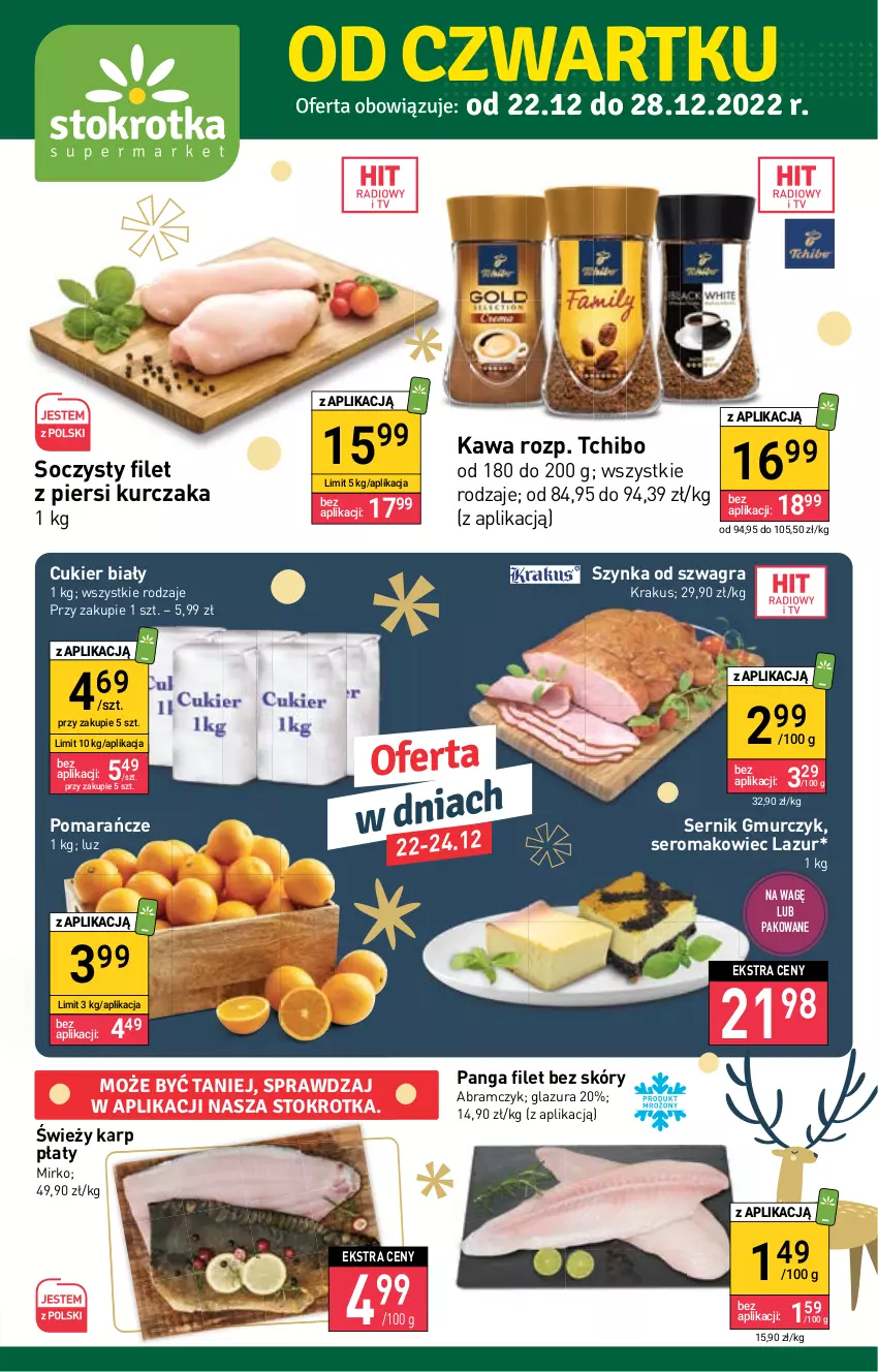 Gazetka promocyjna Stokrotka - Supermarket - ważna 22.12 do 28.12.2022 - strona 1 - produkty: Cukier, Filet z piersi kurczaka, Glazura, Gra, Karp, Kawa, Krakus, Kurczak, Lazur, Makowiec, Panga, Pomarańcze, Ser, Szynka, Tchibo