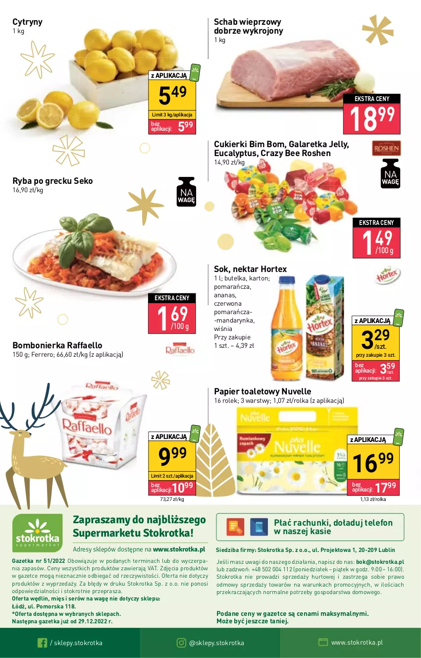 Gazetka promocyjna Stokrotka - Supermarket - ważna 22.12 do 28.12.2022 - strona 24 - produkty: Ananas, Cukier, Cukierki, Cytryny, Dres, Fa, Ferrero, Gala, Galaretka, Hortex, JBL, Nektar, O nas, Papier, Papier toaletowy, Raffaello, Ryba, Ryba po grecku, Schab wieprzowy, SEKO, Ser, Sok, Telefon, Wagi