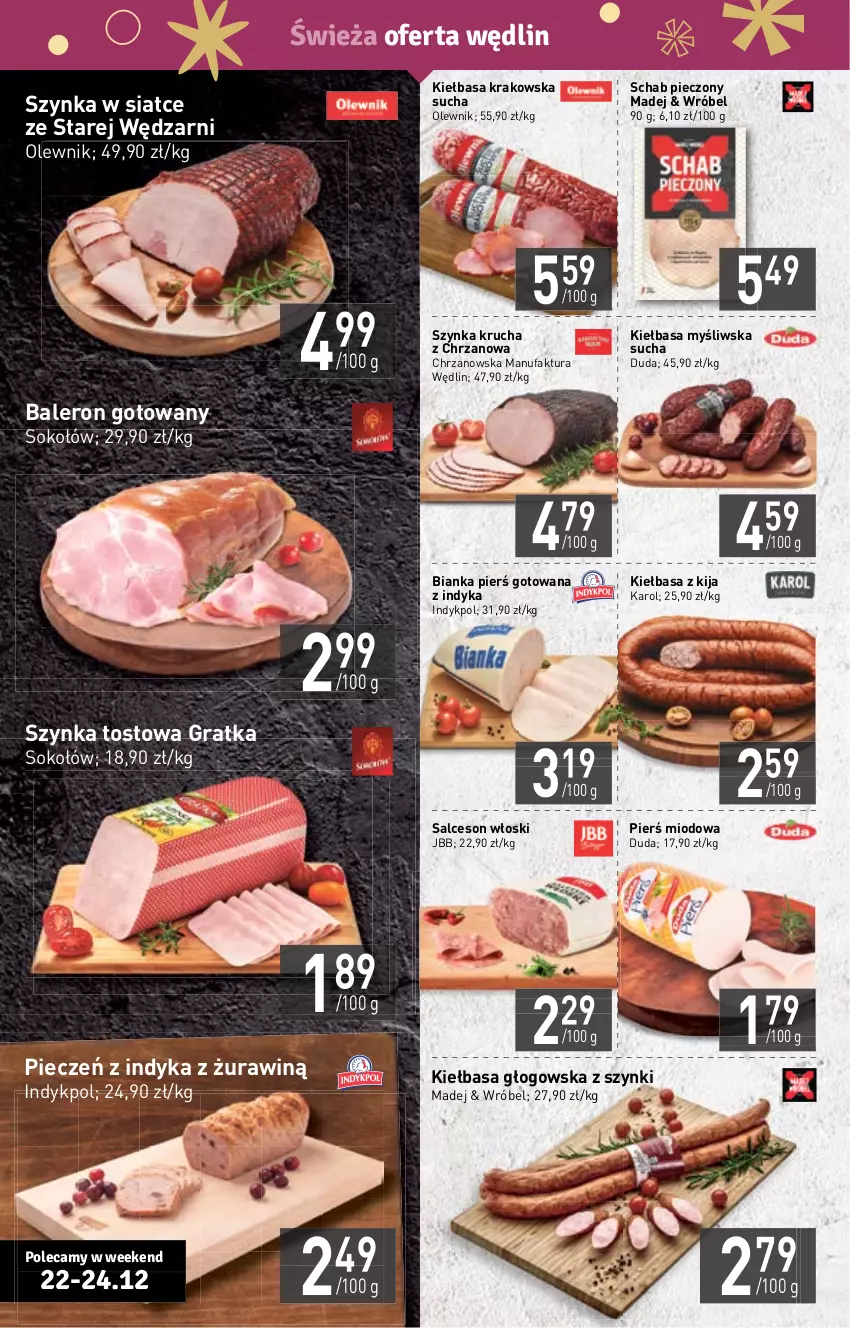 Gazetka promocyjna Stokrotka - Supermarket - ważna 22.12 do 28.12.2022 - strona 4 - produkty: Bianka, Chrzan, Duda, Fa, Gra, Kiełbasa, Kiełbasa głogowska, Kiełbasa krakowska, Olewnik, Piec, Salceson, Schab pieczony, Sok, Sokołów, Szynka