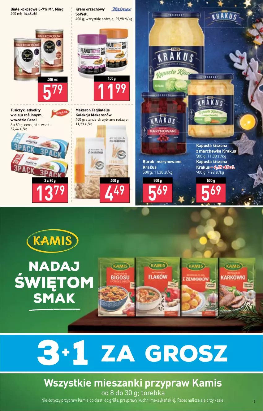 Gazetka promocyjna Stokrotka - Supermarket - ważna 22.12 do 28.12.2022 - strona 9 - produkty: Buraki, Gra, Graal, Grill, Kamis, Kokos, Krakus, Krem orzechowy, Makaron, Olej, Przyprawy, Tagliatelle, Torebka, Tuńczyk