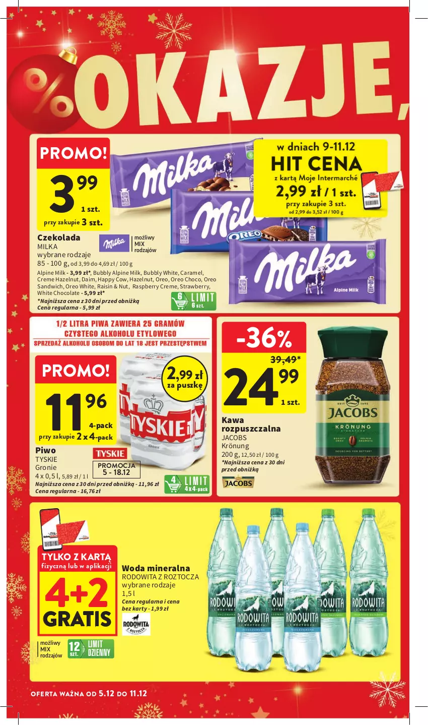 Gazetka promocyjna Intermarche - Gazetka Intermarche - ważna 05.12 do 11.12.2024 - strona 12 - produkty: Czekolada, Gra, Jacobs, Jacobs Krönung, Kawa, Kawa rozpuszczalna, Milka, Oreo, Piwo, Tyskie, Woda, Woda mineralna