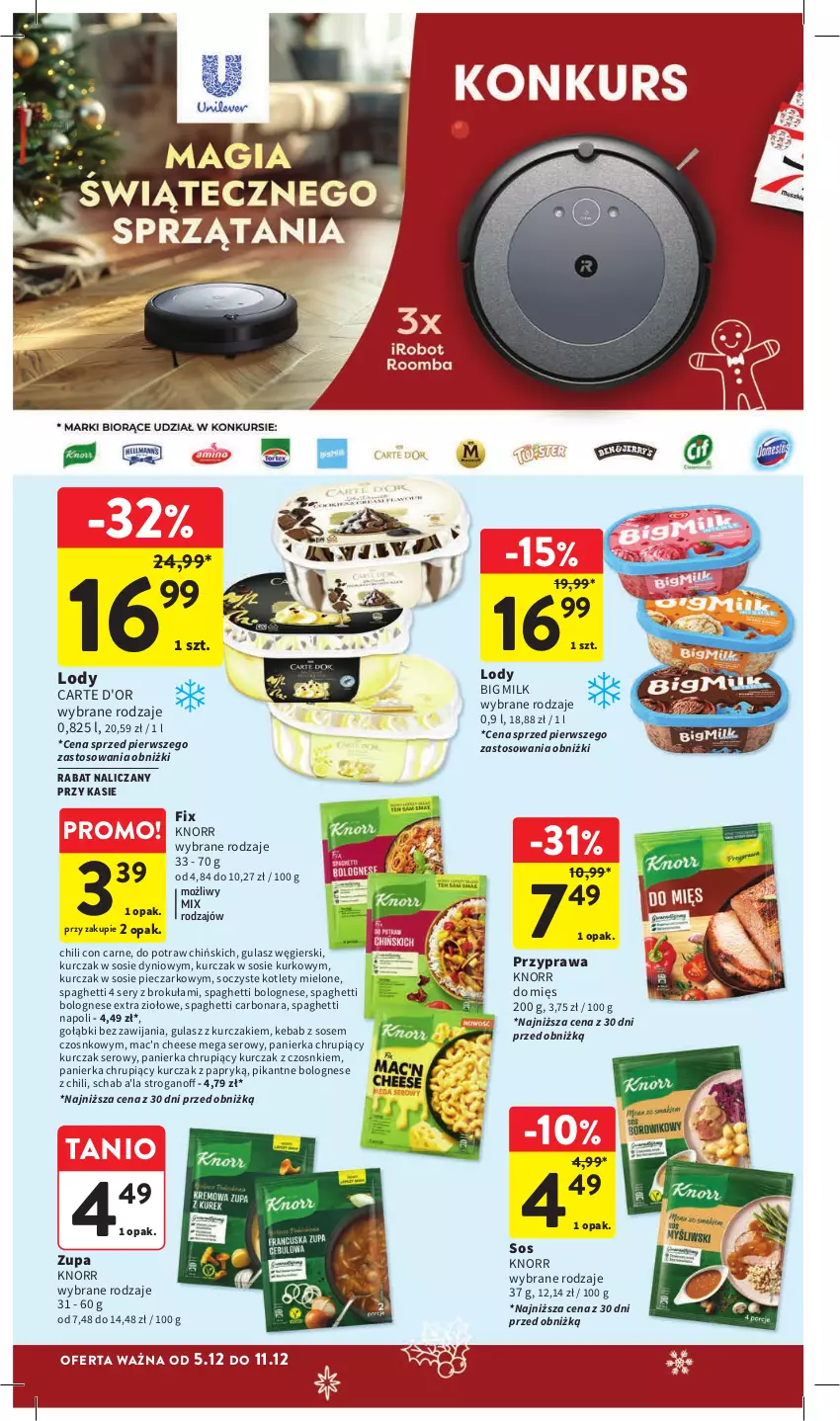 Gazetka promocyjna Intermarche - Gazetka Intermarche - ważna 05.12 do 11.12.2024 - strona 32 - produkty: Big Milk, Carte d'Or, Kebab, Knorr, Kotlet, Kurczak, Lody, Piec, Ser, Sos, Spaghetti, Zupa