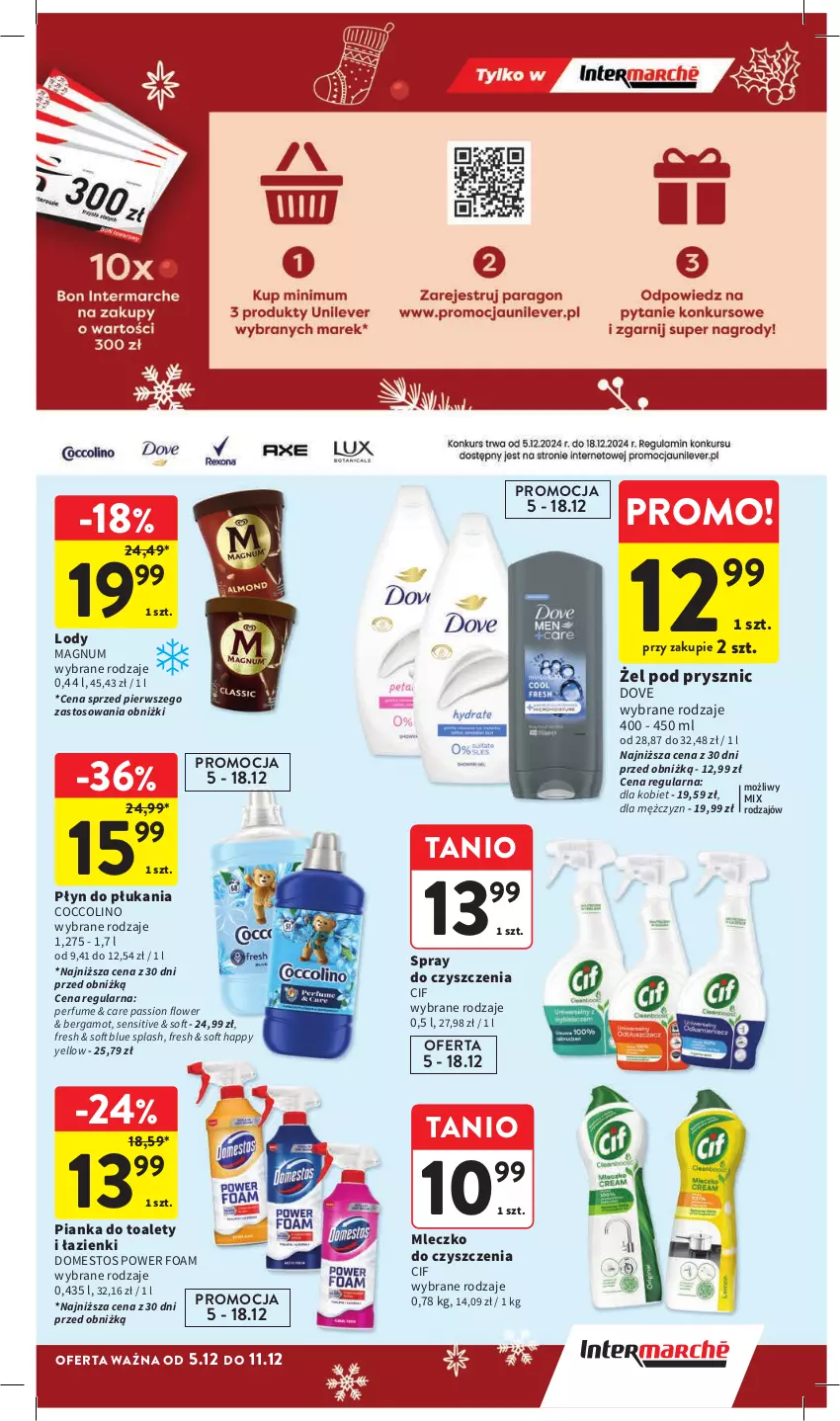 Gazetka promocyjna Intermarche - Gazetka Intermarche - ważna 05.12 do 11.12.2024 - strona 33 - produkty: Cif, Coccolino, Domestos, Dove, Lody, Mleczko, Perfum, Płyn do płukania, Spray do czyszczenia