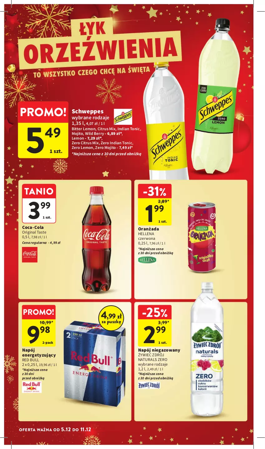 Gazetka promocyjna Intermarche - Gazetka Intermarche - ważna 05.12 do 11.12.2024 - strona 36 - produkty: Coca-Cola, Gin, Hellena, Napój, Napój niegazowany, Oranżada, Red Bull, Schweppes