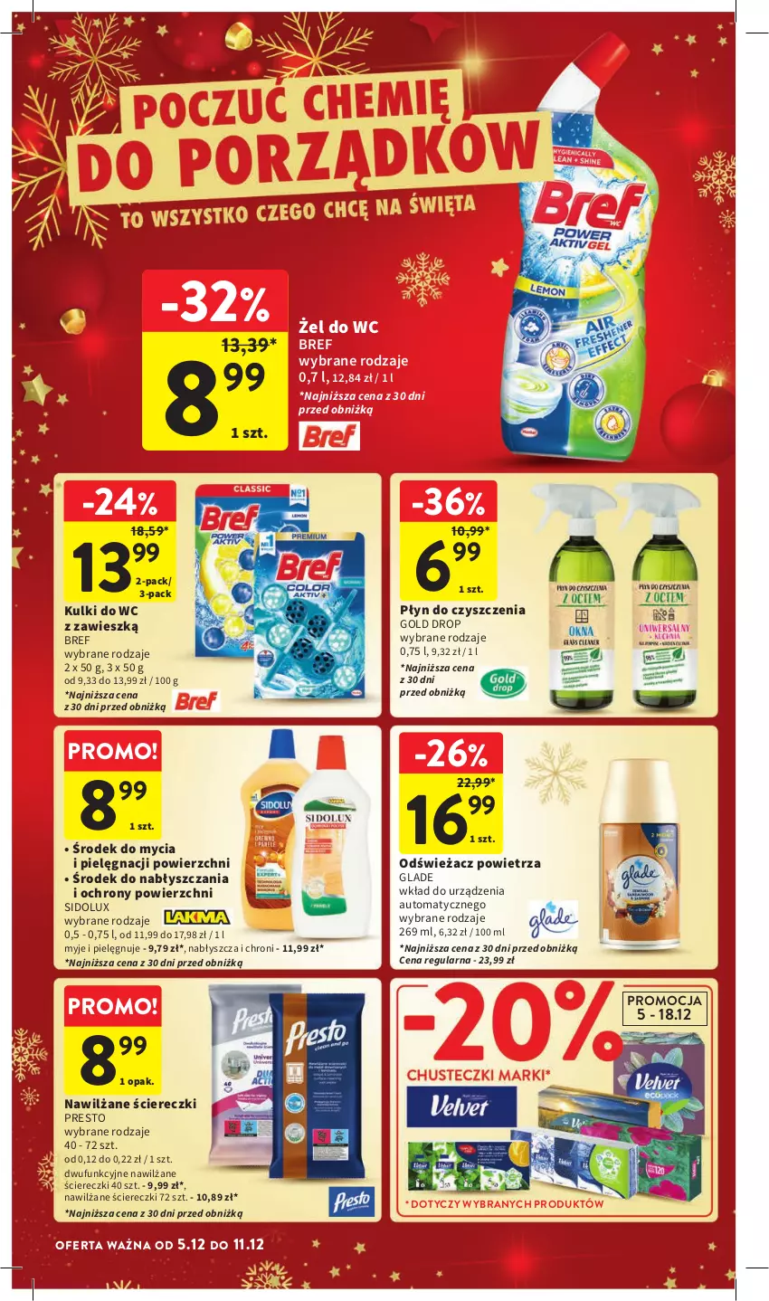 Gazetka promocyjna Intermarche - Gazetka Intermarche - ważna 05.12 do 11.12.2024 - strona 38 - produkty: Bref, Kulki do wc, Odświeżacz powietrza, Presto, Sidolux