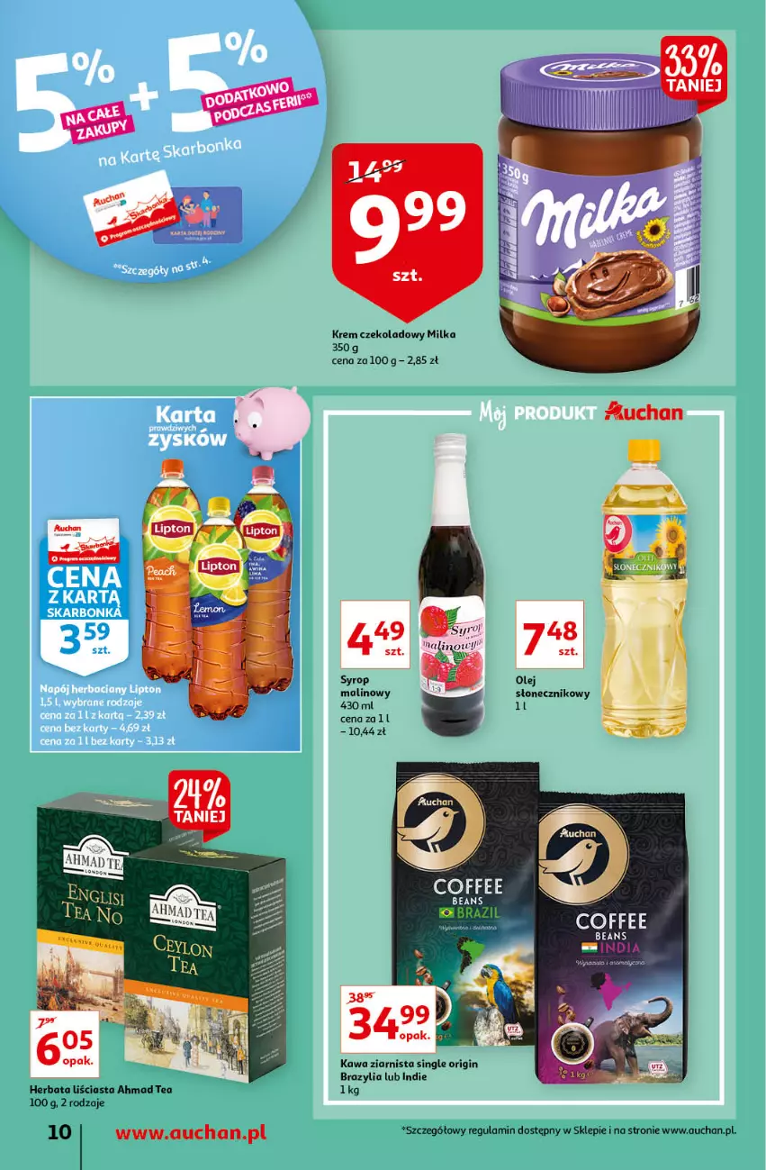 Gazetka promocyjna Auchan - przeNISKIE CENY z markami Auchan Supermarkety - ważna 27.01 do 03.02.2022 - strona 10 - produkty: Gin, Herbata, Kawa, Kawa ziarnista, Lipton, Milka, Napój, Olej, Syrop