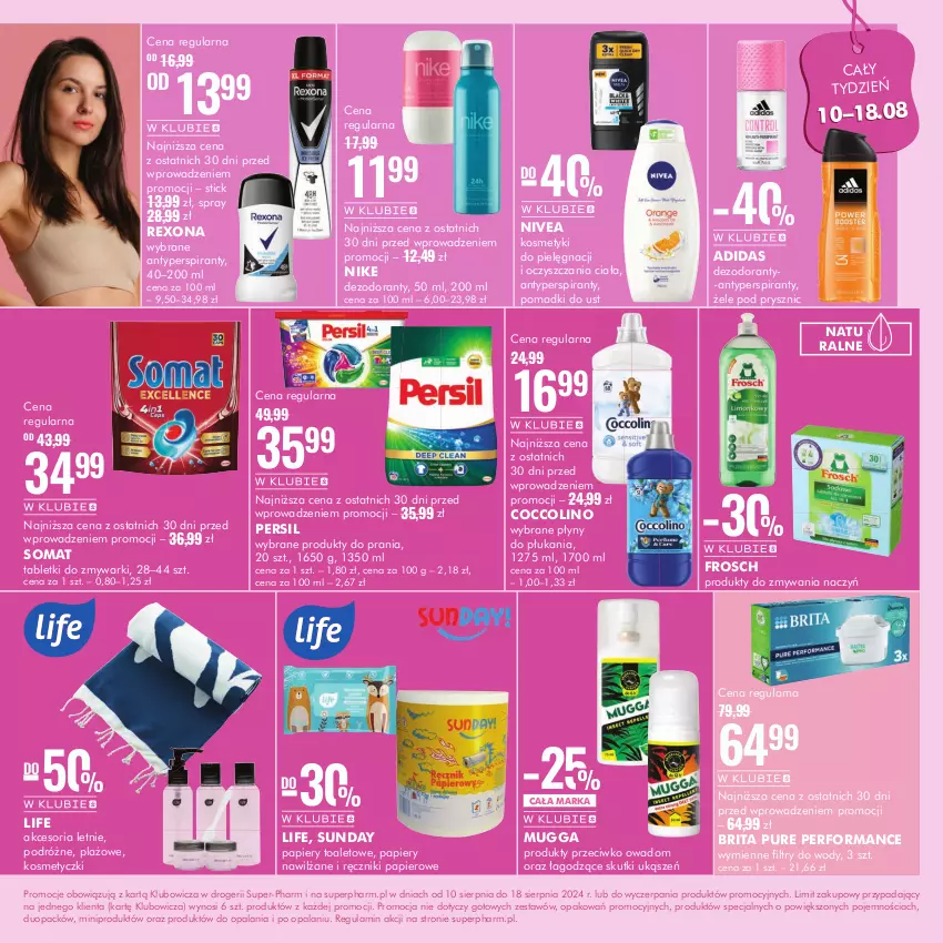 Gazetka promocyjna Super Pharm - Gazetka - ważna 10.08 do 18.08.2024 - strona 10 - produkty: Adidas, Antyperspirant, Brit, Brita, Coccolino, Dezodorant, Frosch, Kosmetyki do pielęgnacji, Nike, Nivea, Papier, Persil, Pur, Ręcznik, Ręczniki papierowe, Rexona, Somat, Tablet, Tabletki do zmywarki, Zmywarki