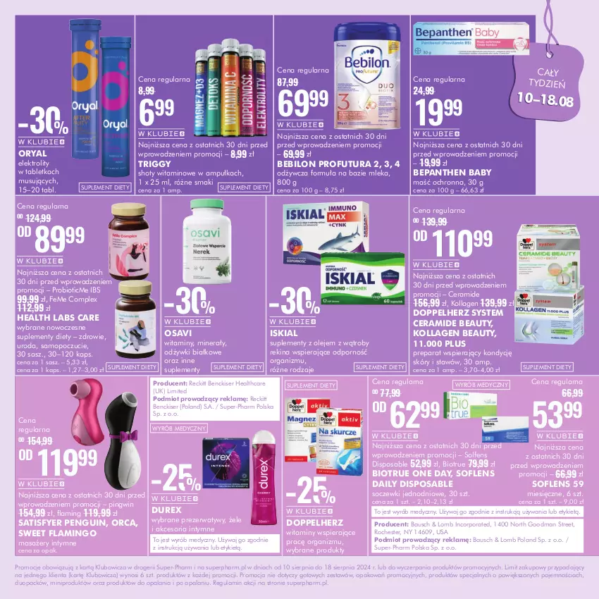 Gazetka promocyjna Super Pharm - Gazetka - ważna 10.08 do 18.08.2024 - strona 11 - produkty: Baby O, BEBILON, Bepanthen, Doppelherz, Durex, Iskial, Masażer, Mop, Mus, Olej, Pingwin, Por, Prezerwatyw, Sati, Ser, Suplement diety, Tablet, Zdrowie