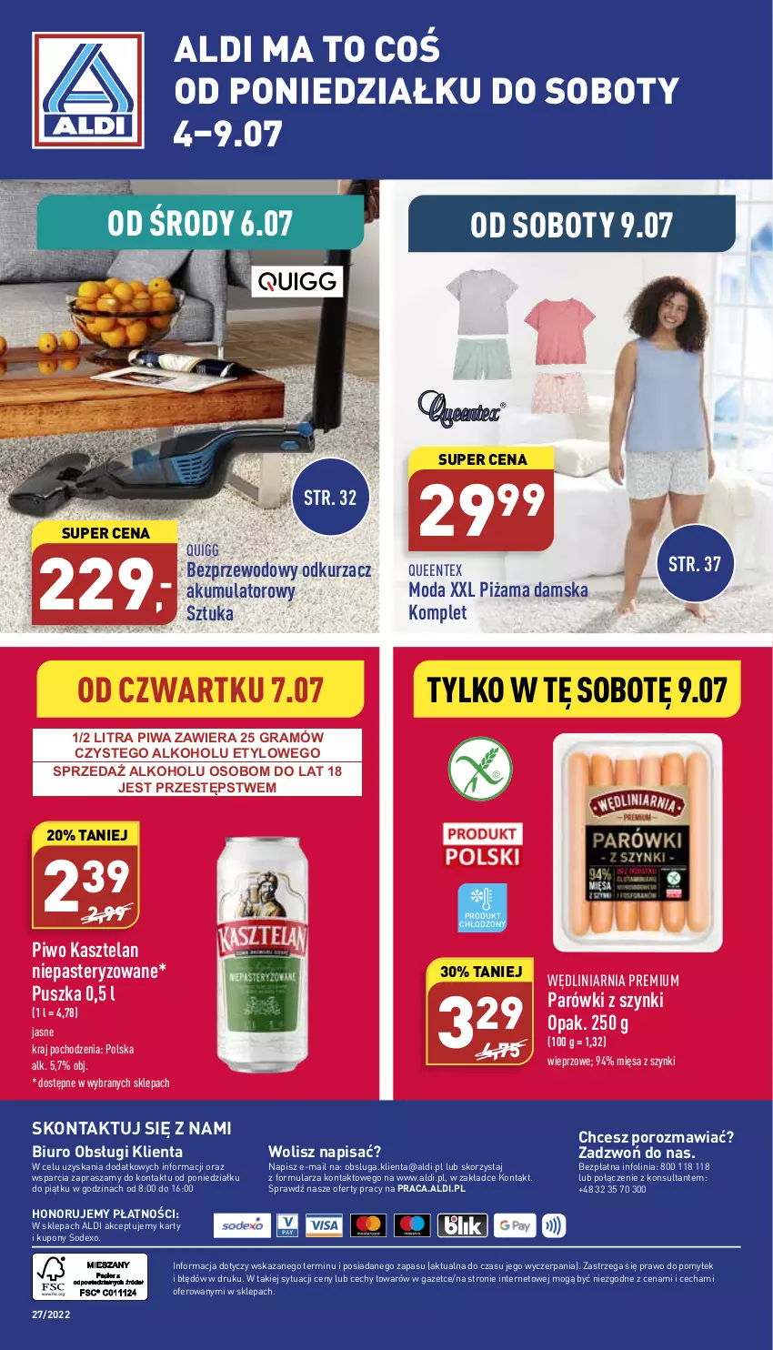 Gazetka promocyjna Aldi - Zaplanuj zakupy wcześniej - ważna 04.07 do 09.07.2022 - strona 14 - produkty: Akumulator, Biuro, Gra, Kasztelan, Moda, O nas, Odkurzacz, Parówki, Parówki z szynki, Piwa, Piwo, Piżama, Por, Queentex