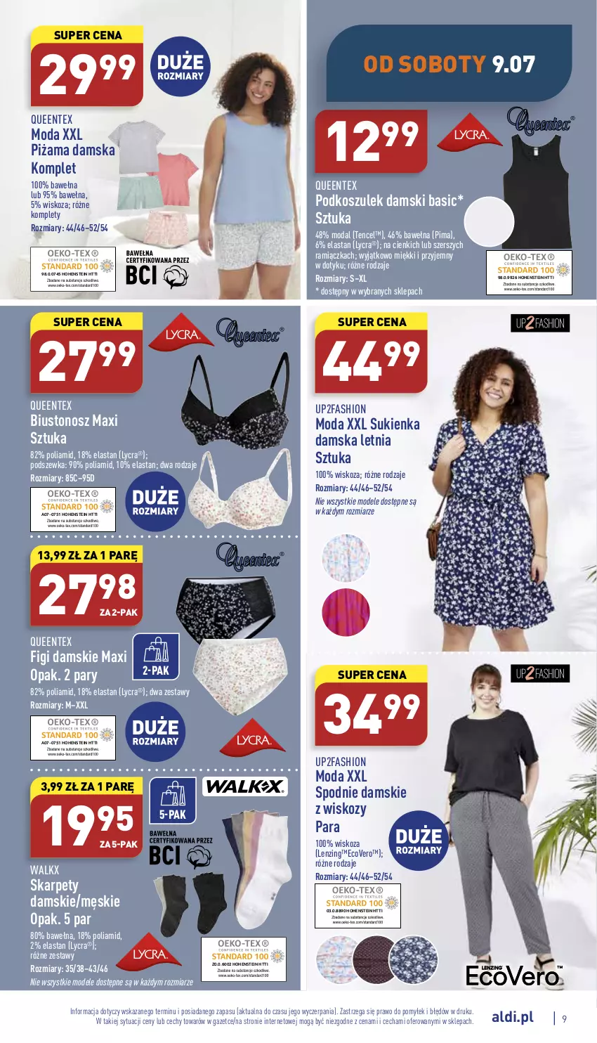 Gazetka promocyjna Aldi - Zaplanuj zakupy wcześniej - ważna 04.07 do 09.07.2022 - strona 9 - produkty: Biustonosz, Fa, Figi, Karp, Kosz, Moda, Piżama, Podkoszulek, Queentex, Spodnie, Sukienka, Wełna