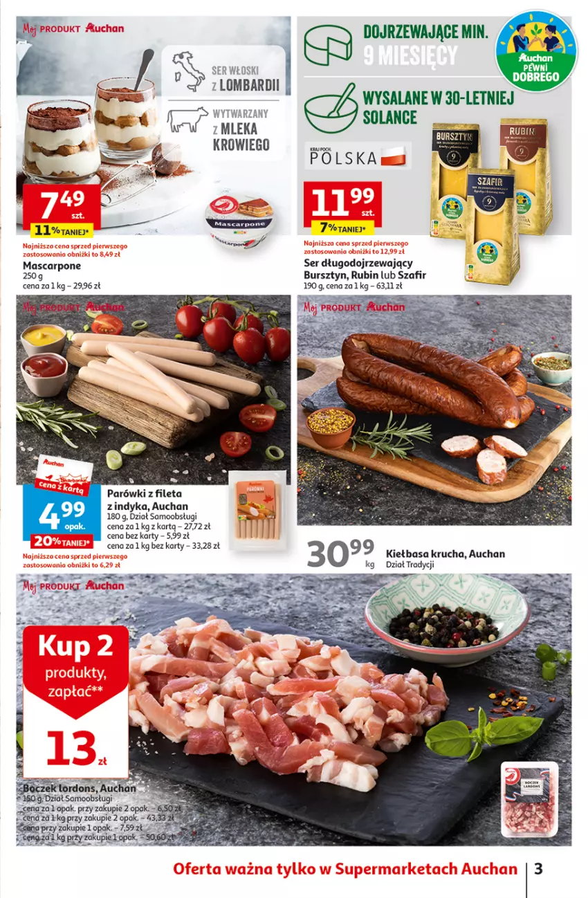 Gazetka promocyjna Auchan - Gazetka Tanie Zakupy Supermarket Auchan - ważna 03.08 do 09.08.2023 - strona 3 - produkty: Bursztyn, Fa, Kiełbasa, Kiełbasa krucha, Mascarpone, Parówki, Rubin, Ser, Ser długodojrzewający