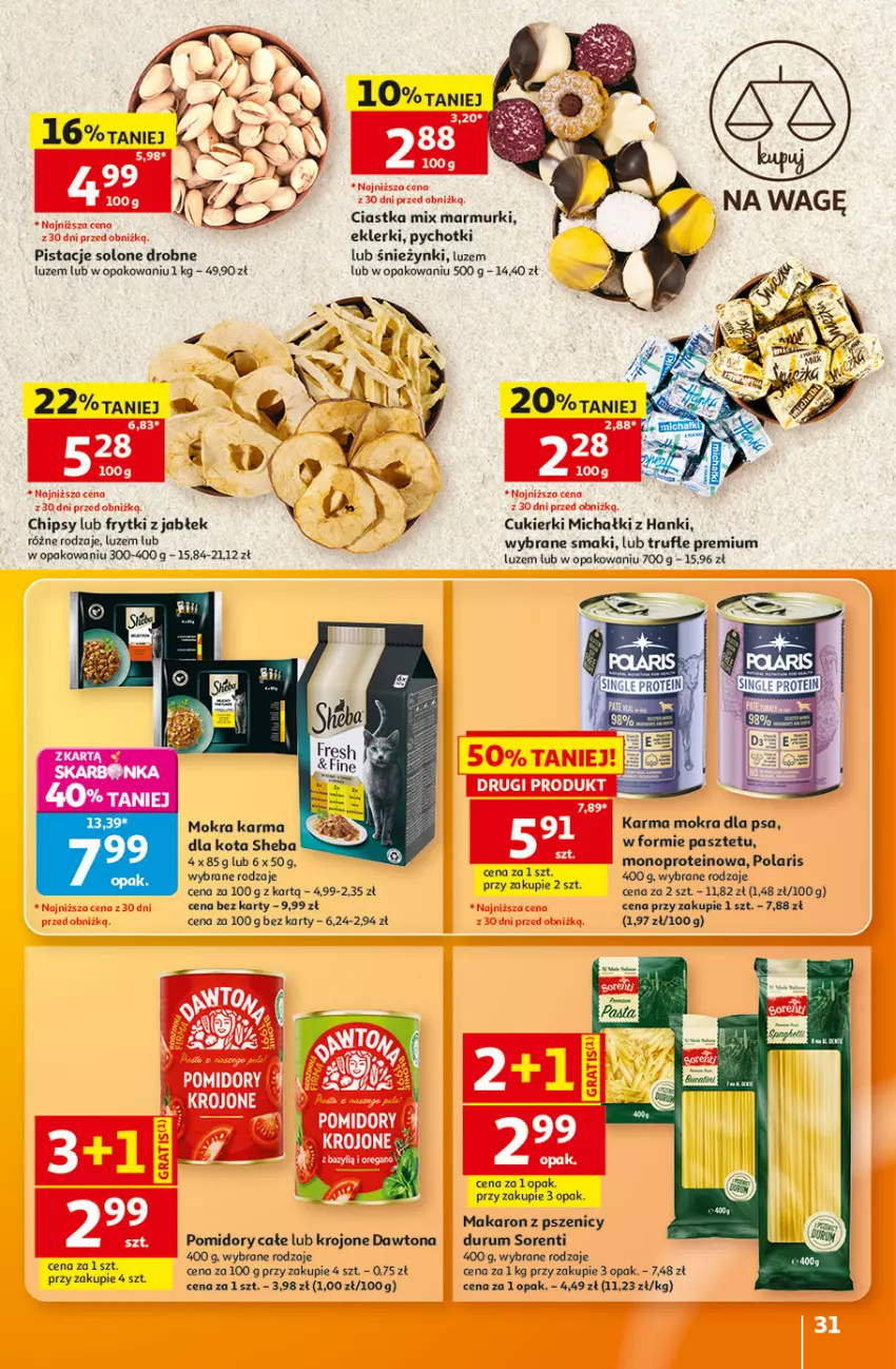 Gazetka promocyjna Auchan - Gazetka 30 Lat Hipermarket Auchan - ważna 27.08 do 02.09.2026 - strona 31 - produkty: Chipsy, Ciastka, Cukier, Cukierki, Dawtona, Frytki, Makaron, Michałki, Mokra karma, Pasztet, Pistacje, Pomidory, Rum, Sheba