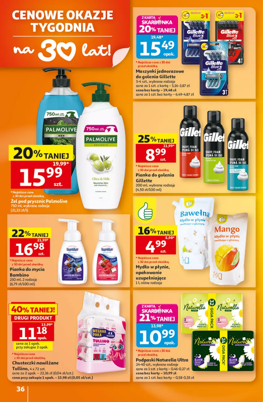Gazetka promocyjna Auchan - Gazetka 30 Lat Hipermarket Auchan - ważna 27.08 do 02.09.2026 - strona 36 - produkty: Chusteczki, Gillette, Mydło, Mydło w płynie, Naturell, Naturella, Palmolive, Pianka do golenia, Podpaski, Puma
