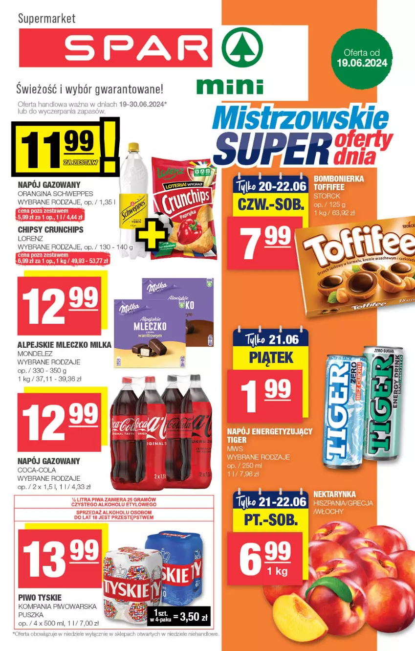 Gazetka promocyjna Spar - Spar-Mini - ważna 16.06 do 26.06.2024 - strona 1 - produkty: Chipsy, Coca-Cola, Crunchips, Gin, Lorenz, Milka, Mleczko, Napój, Napój gazowany, Piwo, Schweppes, Tyskie