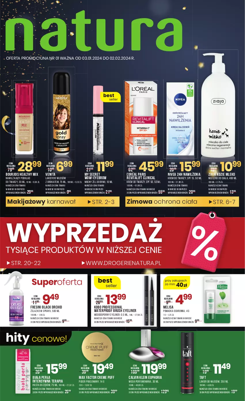 Gazetka promocyjna Drogerie Natura - Gazetka Drogerie Natura - ważna 03.01 do 02.02.2024 - strona 1 - produkty: Bourjois, Calvin Klein, Clin, Fa, KOBO, Krem do twarzy, Lack, Lakier, Lakier do włosów, Max Factor, Mleczko, Mleczko do ciała, Mleko, Nivea, Pasta do zębów, Perfum, Perła, Podkład, Podkład do twarzy, Por, Puder, Puder prasowany, Puf, Taft, Tera, Woda, Woda perfumowana, Ziaja