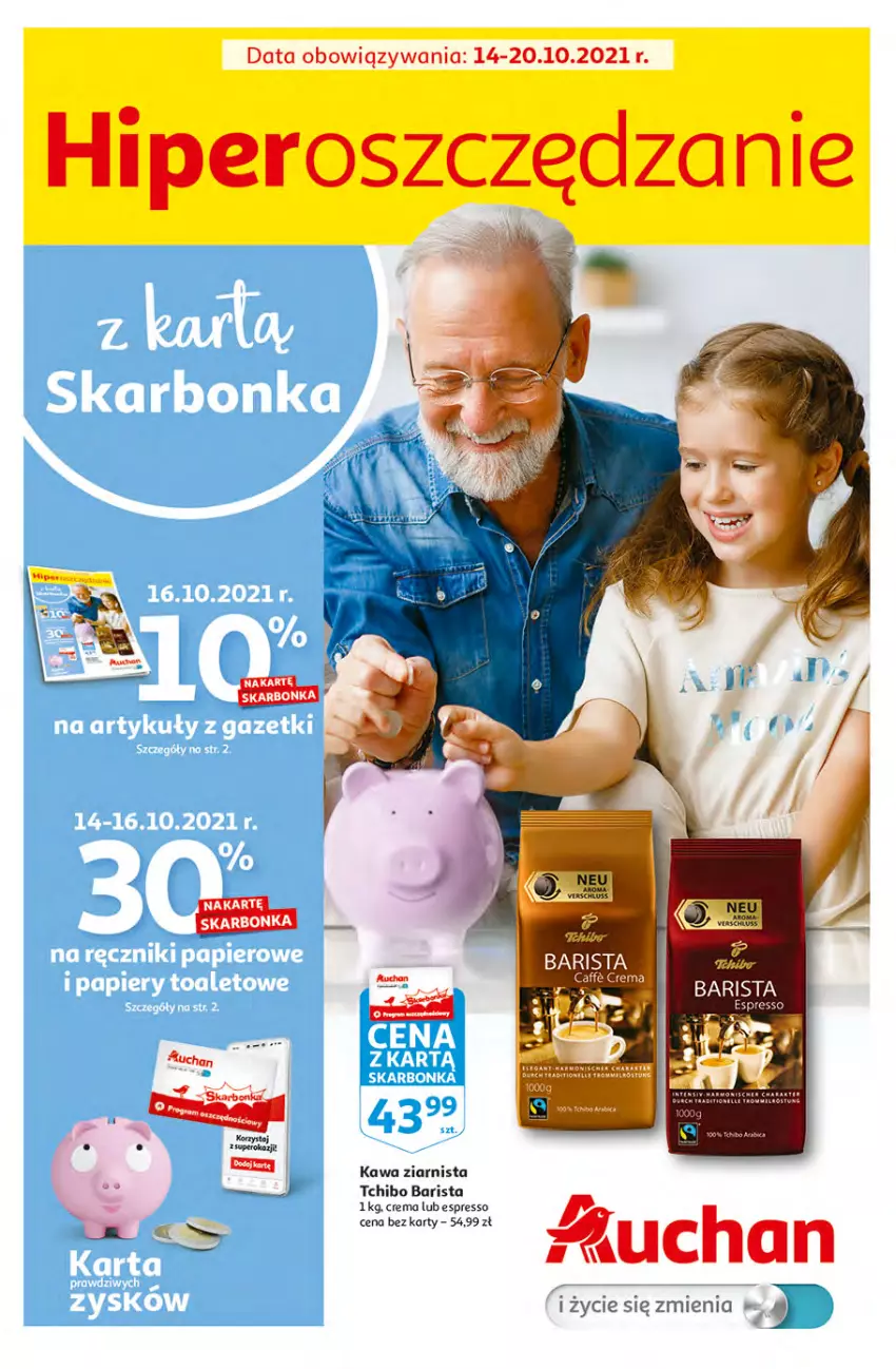 Gazetka promocyjna Auchan - Hiperoszczędzanie z Kartą Skarbonka 2 Hipermarkety - ważna 14.10 do 20.10.2021 - strona 1 - produkty: Kawa, Kawa ziarnista, Tchibo, Tchibo Barista