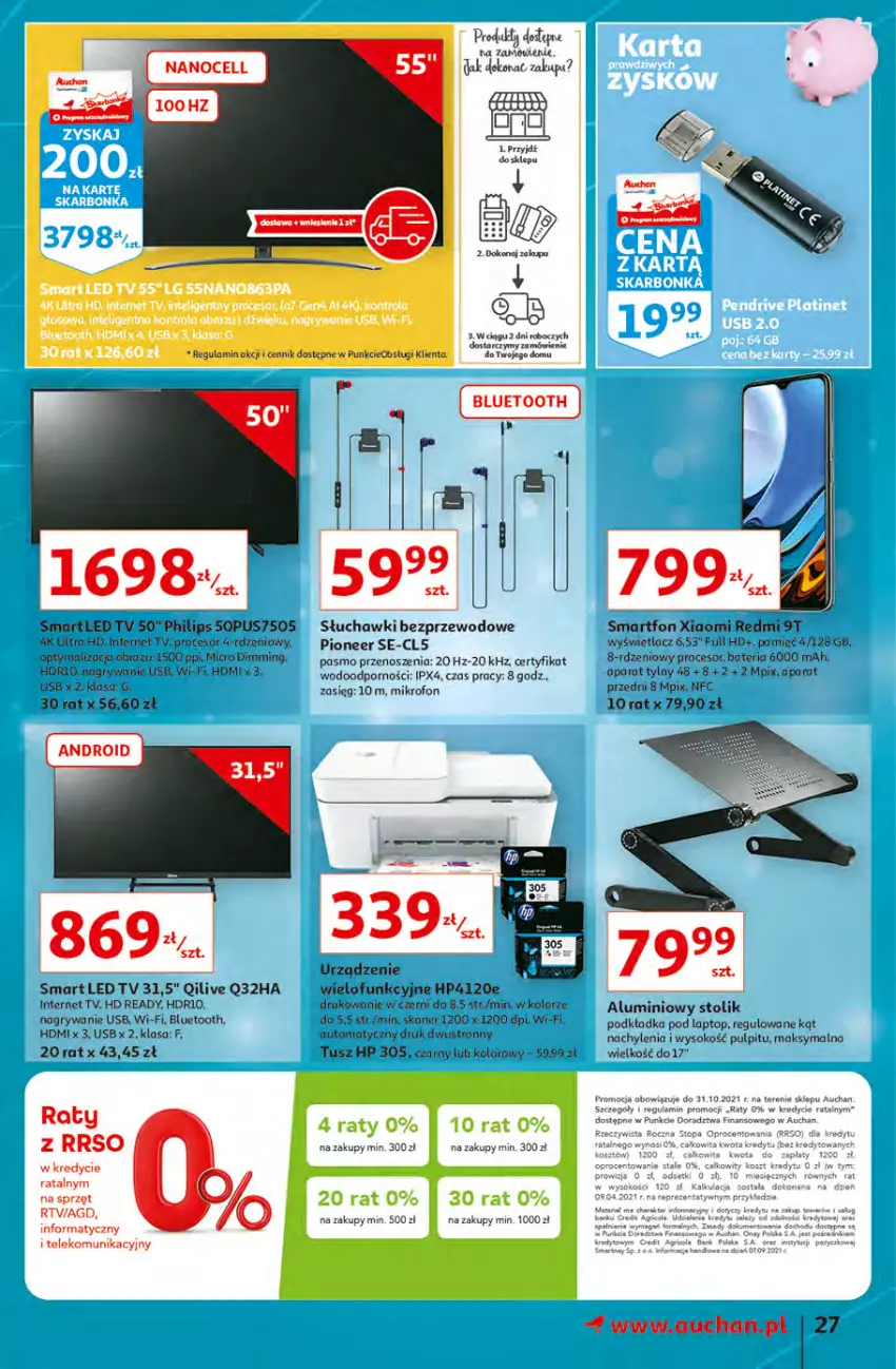 Gazetka promocyjna Auchan - Hiperoszczędzanie z Kartą Skarbonka 2 Hipermarkety - ważna 14.10 do 20.10.2021 - strona 27 - produkty: Bateria, Gry, HD ready, HP, LED TV, Mikrofon, Philips, Podkład, Podkładka, Por, Procesor, Skaner, Słuchawki, Słuchawki bezprzewodowe, Smartfon, Sok, Stolik, Top, Tusz