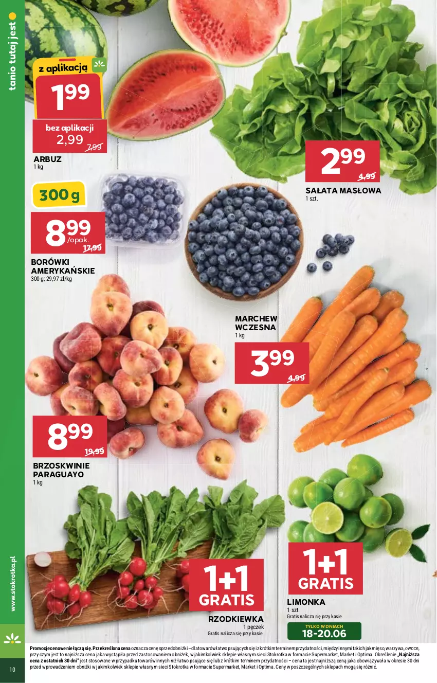Gazetka promocyjna Stokrotka - Supermarket - ważna 18.06 do 24.06.2026 - strona 10 - produkty: Arbuz, Brzoskwinie, Gra, Limonka, Masło, Mięso, Optima, Owoce, Rzodkiewka, Sałat, Sałata masłowa, Warzywa