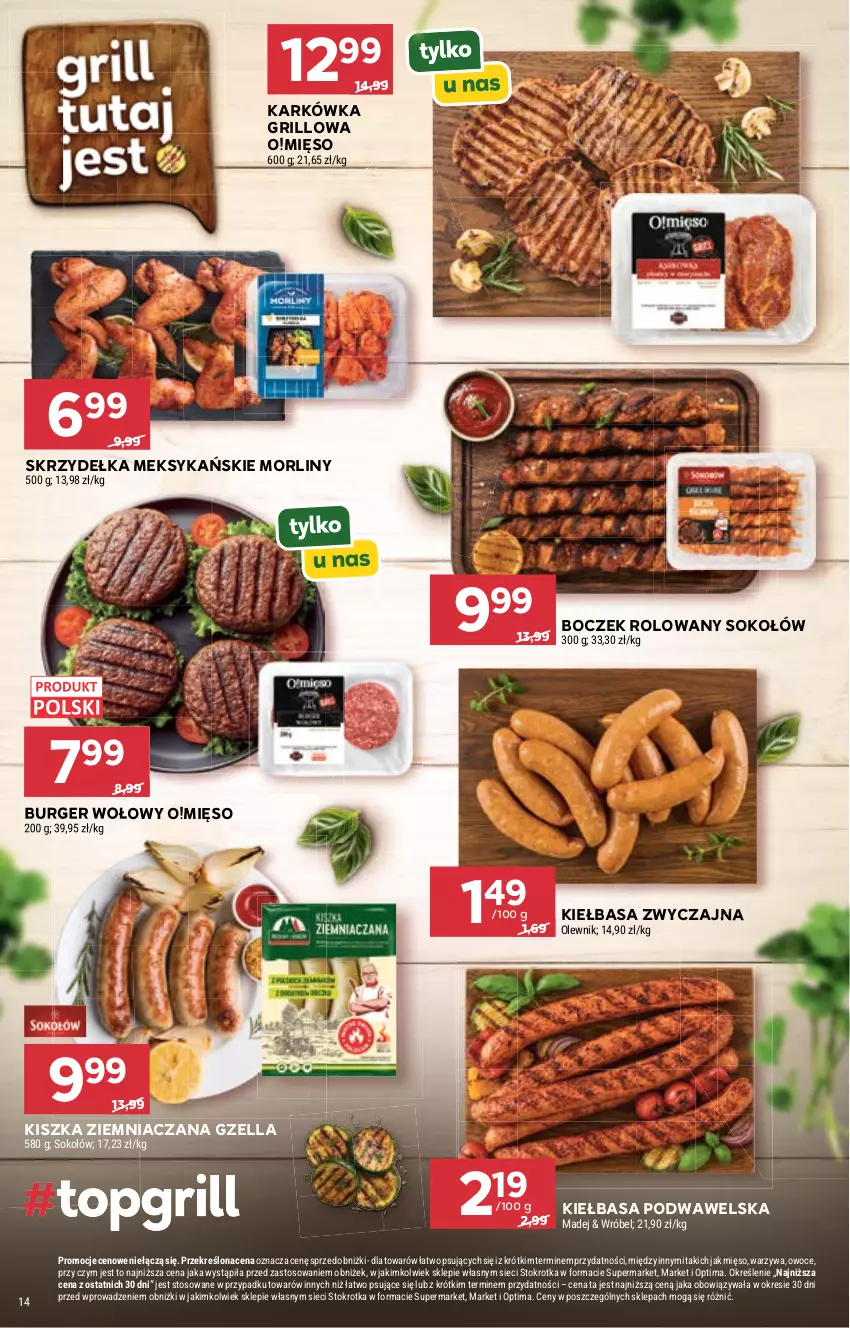 Gazetka promocyjna Stokrotka - Supermarket - ważna 18.06 do 24.06.2026 - strona 14 - produkty: Boczek, Burger, Grill, Kiełbasa, Kiełbasa podwawelska, Mięso, Morliny, Olewnik, Optima, Owoce, Sok, Sokołów, Warzywa, Wawel