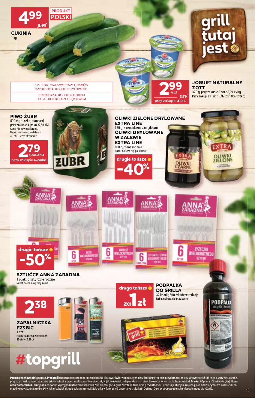 Gazetka promocyjna Stokrotka - Supermarket - ważna 18.06 do 24.06.2026 - strona 15 - produkty: BIC, Gra, Grill, Jogurt, Jogurt naturalny, Mięso, Oliwki, Oliwki zielone, Optima, Owoce, Piwa, Piwo, Warzywa, Zapalniczka, Zott