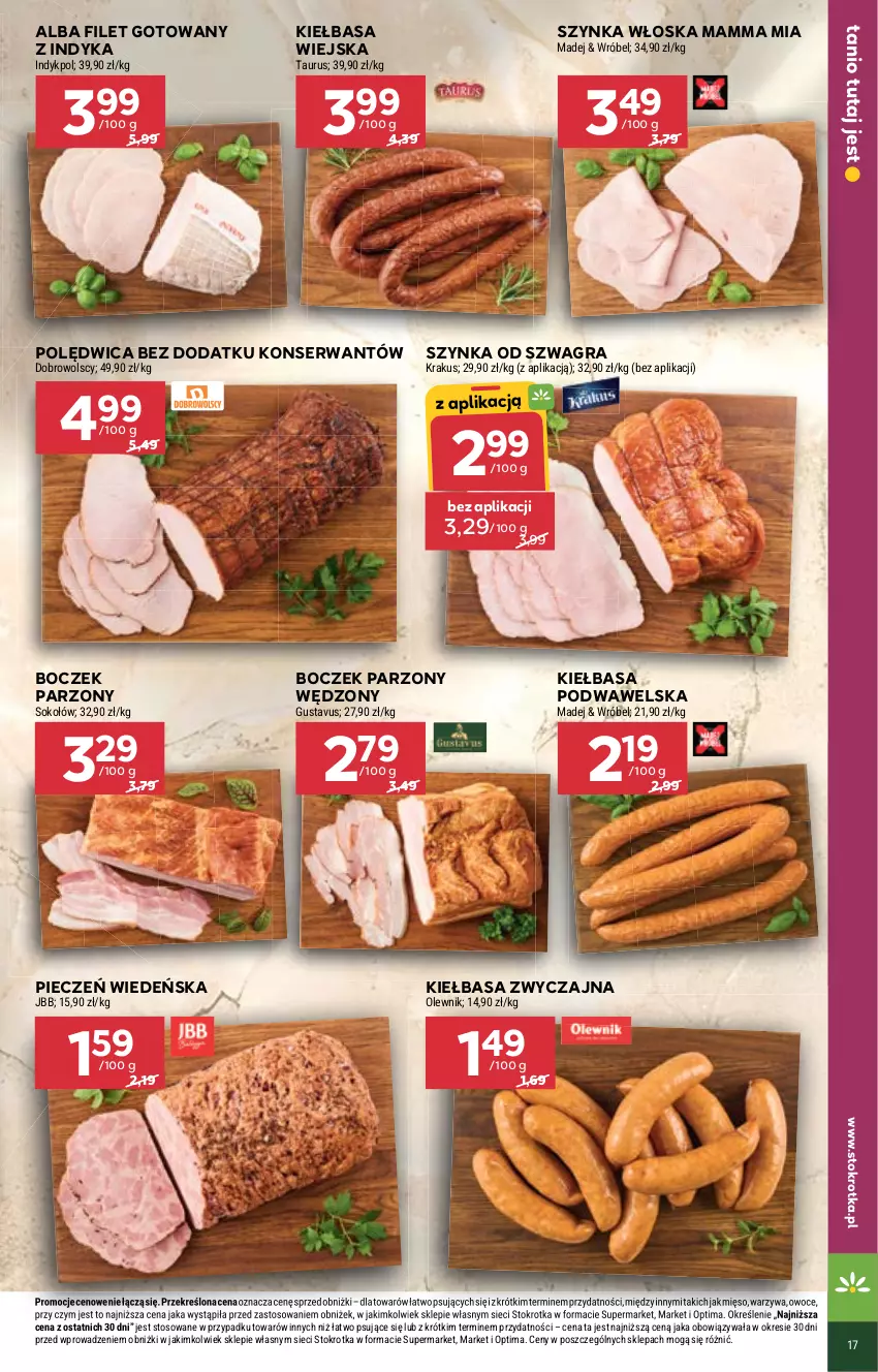 Gazetka promocyjna Stokrotka - Supermarket - ważna 18.06 do 24.06.2026 - strona 17 - produkty: Boczek, Gra, Kiełbasa, Kiełbasa podwawelska, Kiełbasa wiejska, Krakus, Mięso, Olewnik, Optima, Owoce, Piec, Polędwica, Ser, Sok, Sokołów, Szynka, Warzywa, Wawel