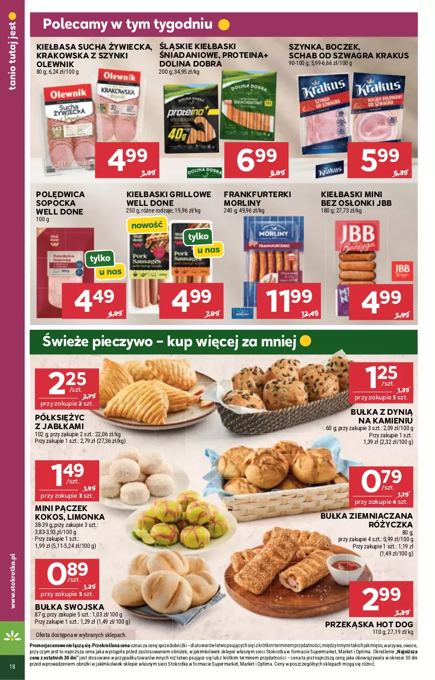 Gazetka promocyjna Stokrotka - Supermarket - ważna 18.06 do 24.06.2026 - strona 18 - produkty: Boczek, Bułka, Danio, Dynią, Frankfurterki, Gra, Grill, Hot dog, Jabłka, Kiełbasa, Kokos, Krakus, Limonka, Mięso, Morliny, Olewnik, Optima, Owoce, Pączek, Piec, Pieczywo, Polędwica, Szynka, Warzywa