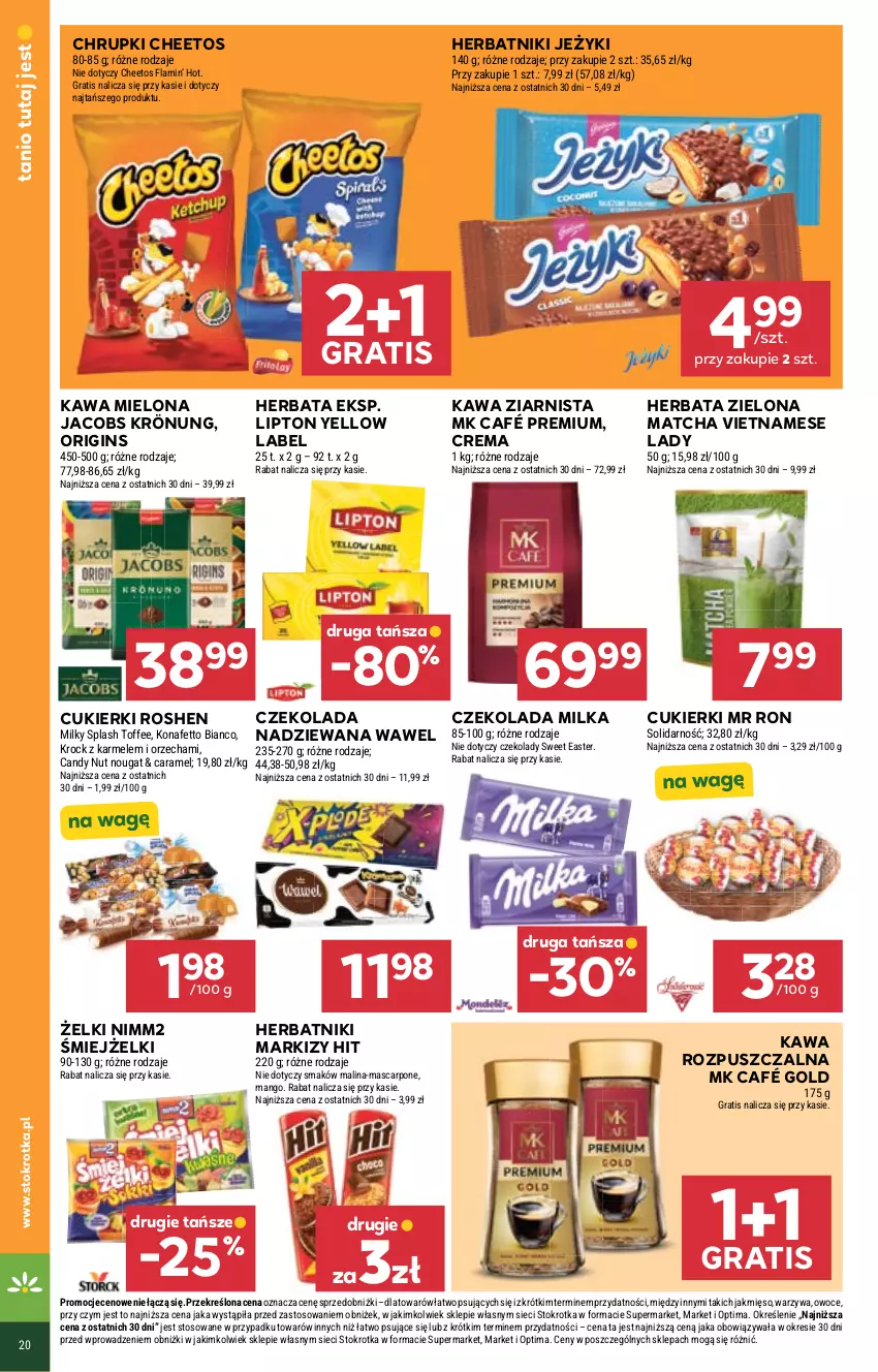 Gazetka promocyjna Stokrotka - Supermarket - ważna 18.06 do 24.06.2026 - strona 26 - produkty: Candy, Cheetos, Chrupki, Cukier, Cukierki, Czekolada, Gin, Gra, Herbata, Herbatniki, Jacobs, Jacobs Krönung, Jeżyki, Kawa, Kawa mielona, Kawa rozpuszczalna, Kawa ziarnista, Lipton, Mango, Mascarpone, Mięso, Milka, Nimm2, Optima, Owoce, Warzywa, Wawel