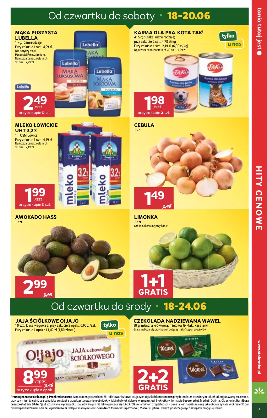 Gazetka promocyjna Stokrotka - Supermarket - ważna 18.06 do 24.06.2026 - strona 3 - produkty: Bell, Bella, Cebula, Czekolada, Czekolada nadziewana, Gra, Jaja, Limonka, Lubella, Mąka, Mięso, Mleko, Optima, Owoce, Warzywa, Wawel